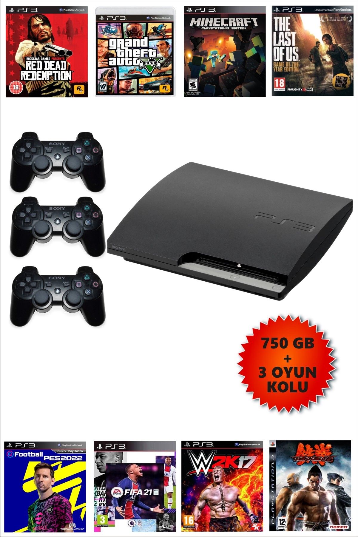 Sony Playstation 3 Slim 750GB + 3 Oyun Kolu + 80 Oyunlu + Garantili Teşhir Ürünü (Liste Resimlerde Var)