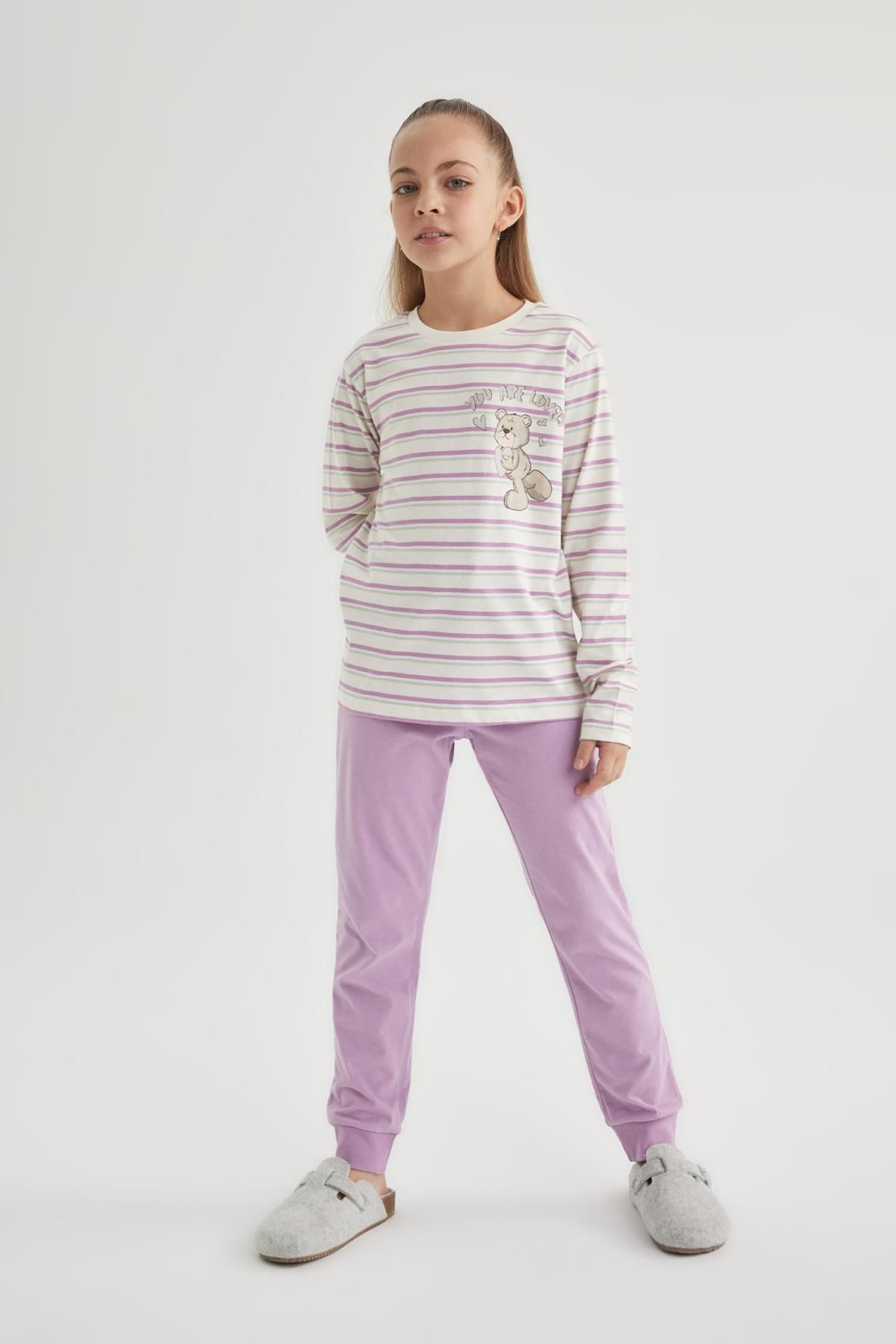 Defacto Kız Çocuk Çizgili Penye Pijama Takımı
