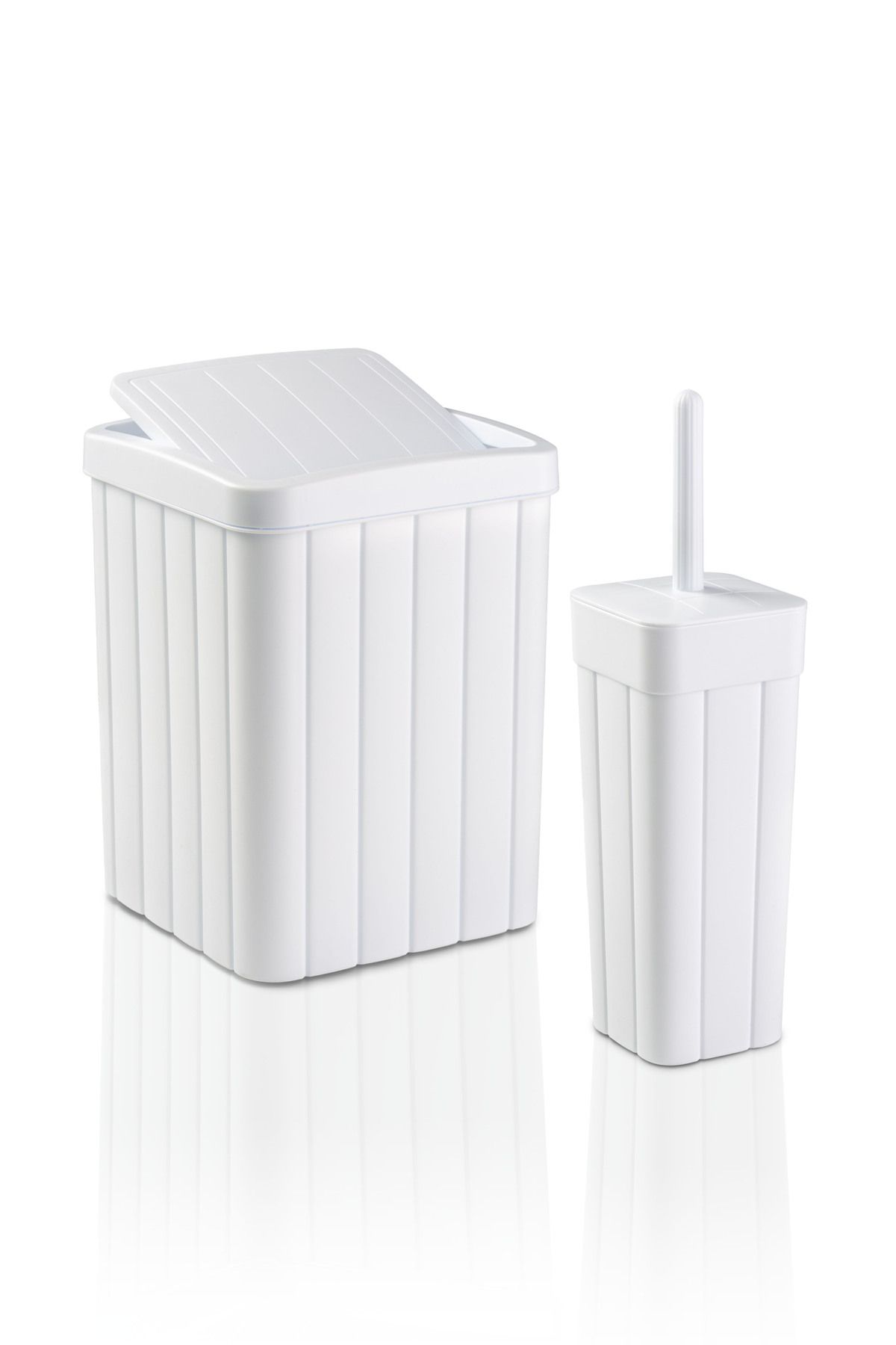 plastyol Fitil Desenli 2'li Banyo Seti - 10l Çöp Kovası Ve Wc Fırçalık - Beyaz