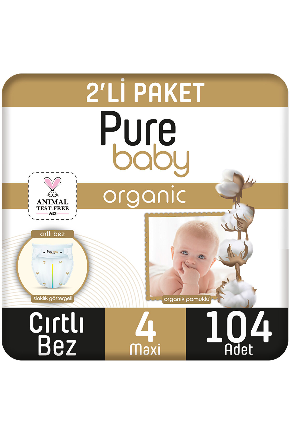 Pure Baby Organik Pamuklu Cırtlı Bez 2'li Paket 4 Numara Maxi 104 Adet