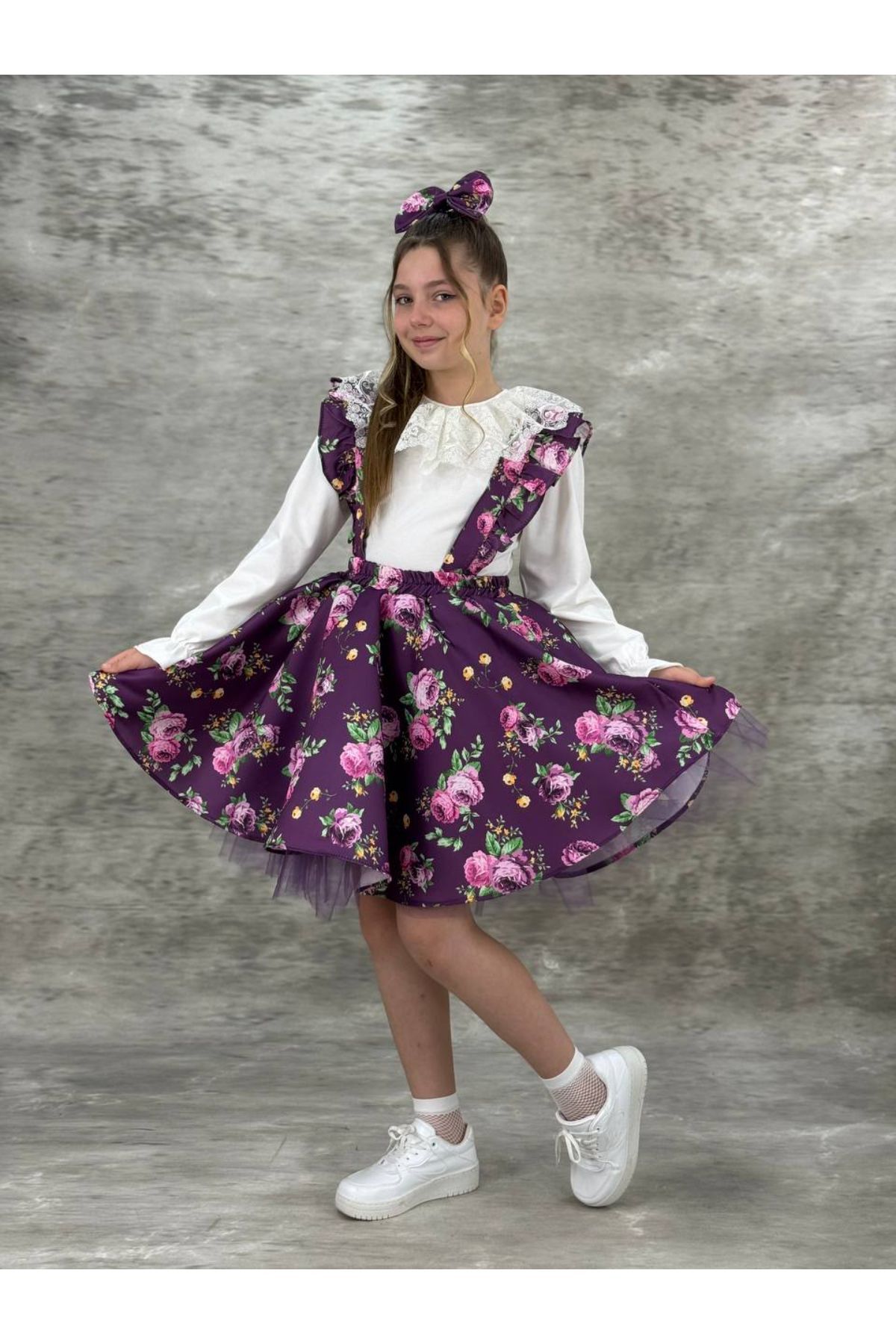 Pumpido Çiçekli Salopet Kız Çocuk Elbisesi