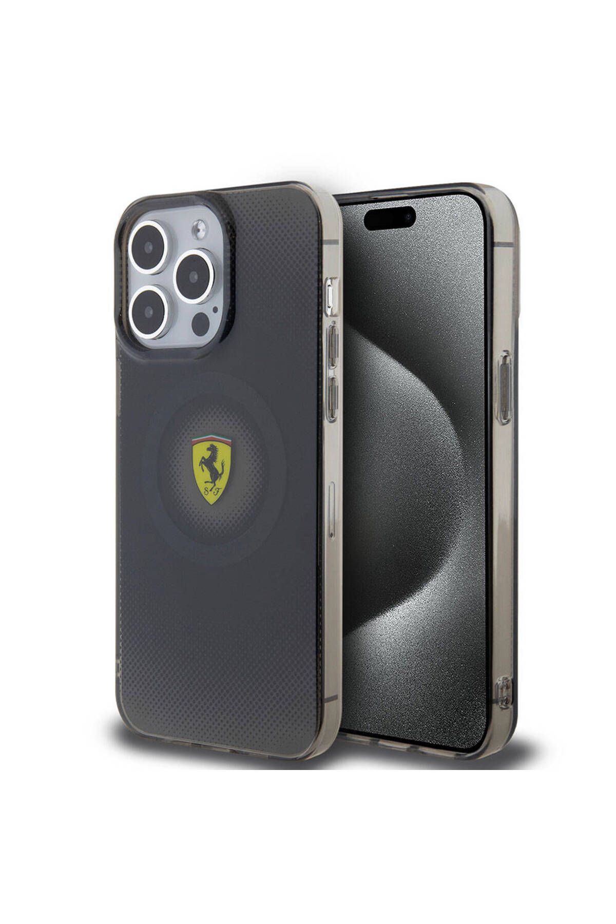 Ferrari iPhone 15 Pro Max Kılıf Ferrari Lisanslı Magsafe Şarjlı Parçalanan Noktalar Desenli Siyah