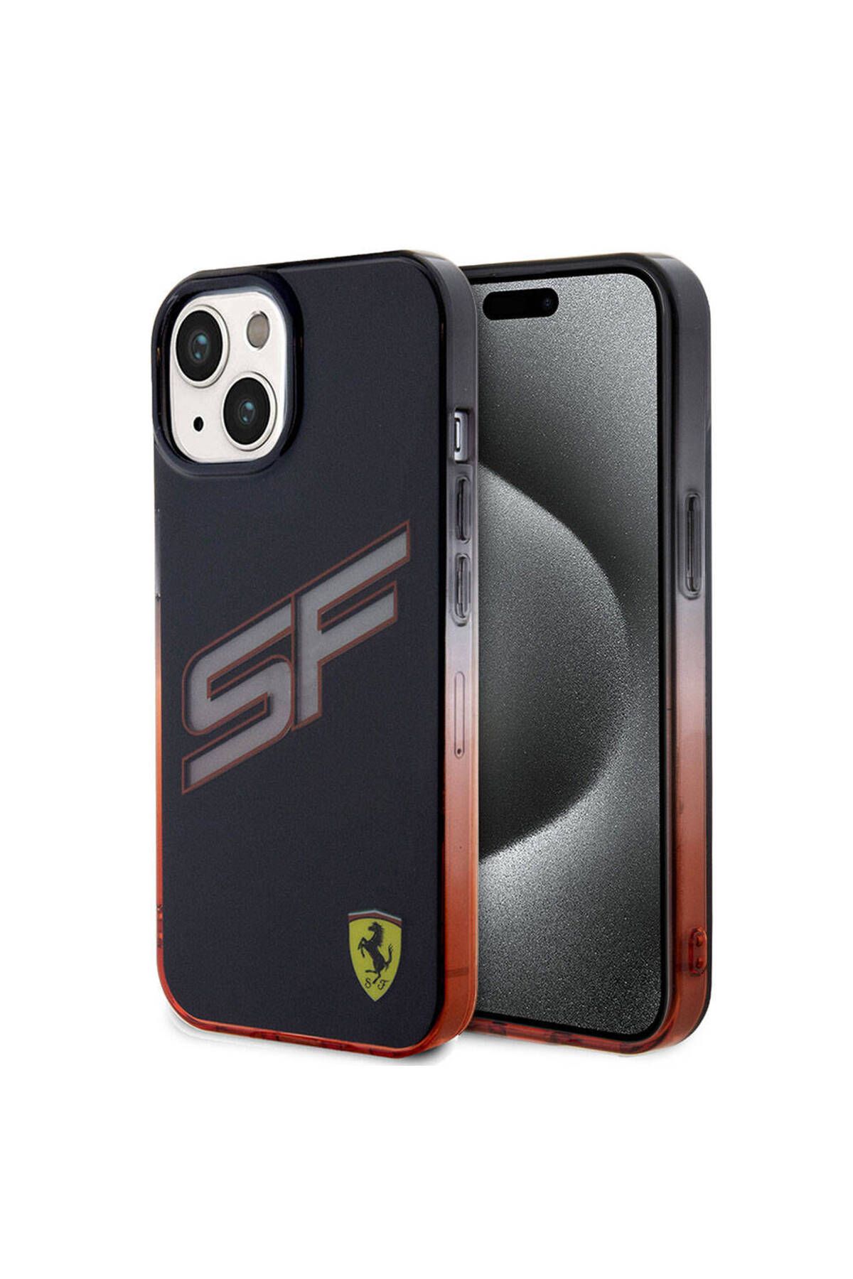 Ferrari iPhone 15 Uyumlu Ferrari Lisanslı Transparan SF Yazılı Kenarları Renk Geçişli Kapak Siyah