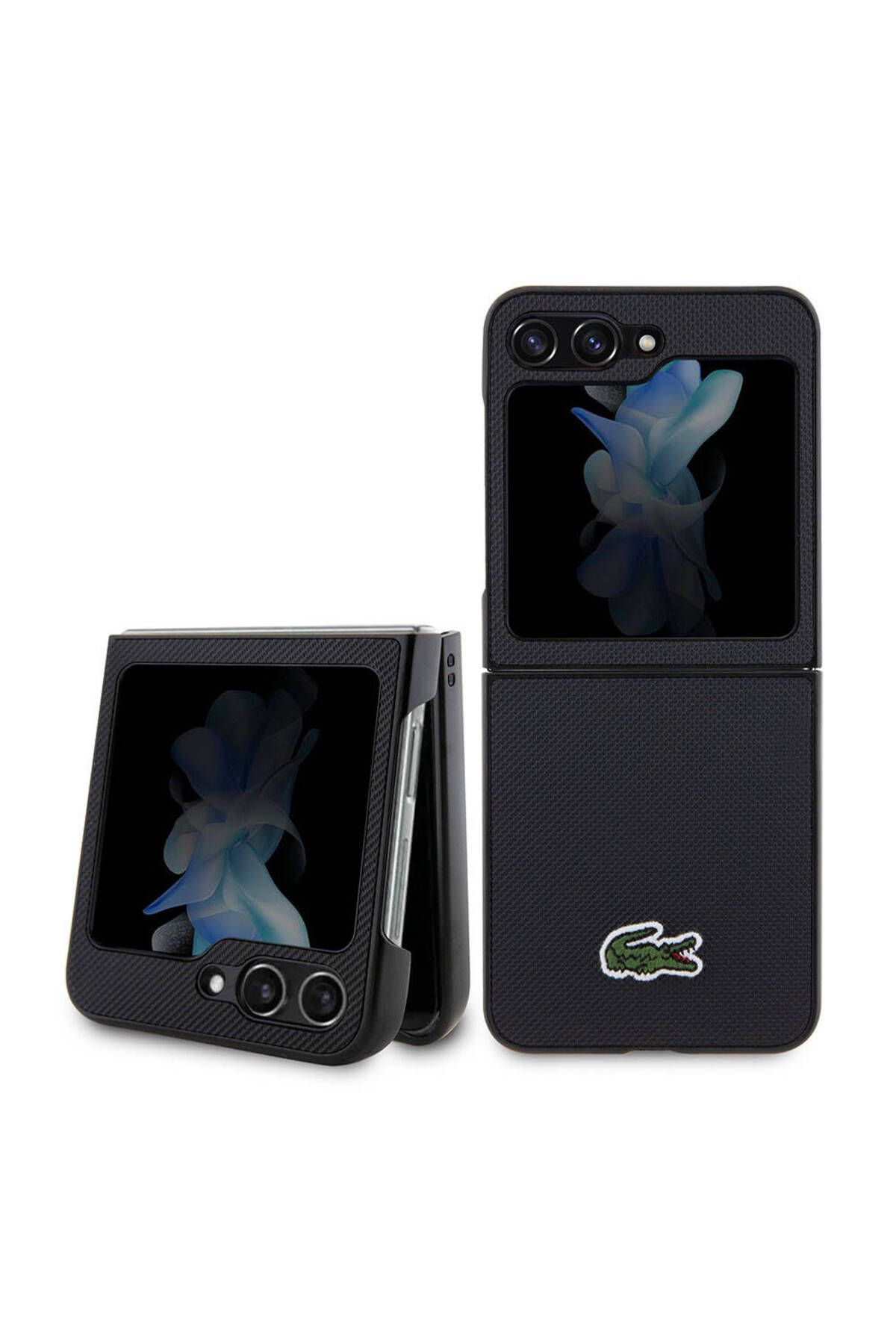 Lacoste Galaxy Z Flip 5 Uyumlu Kılıf Lacoste Lisanslı PU Pike Desenli Yüzey İkonik Timsah Logolu Siyah