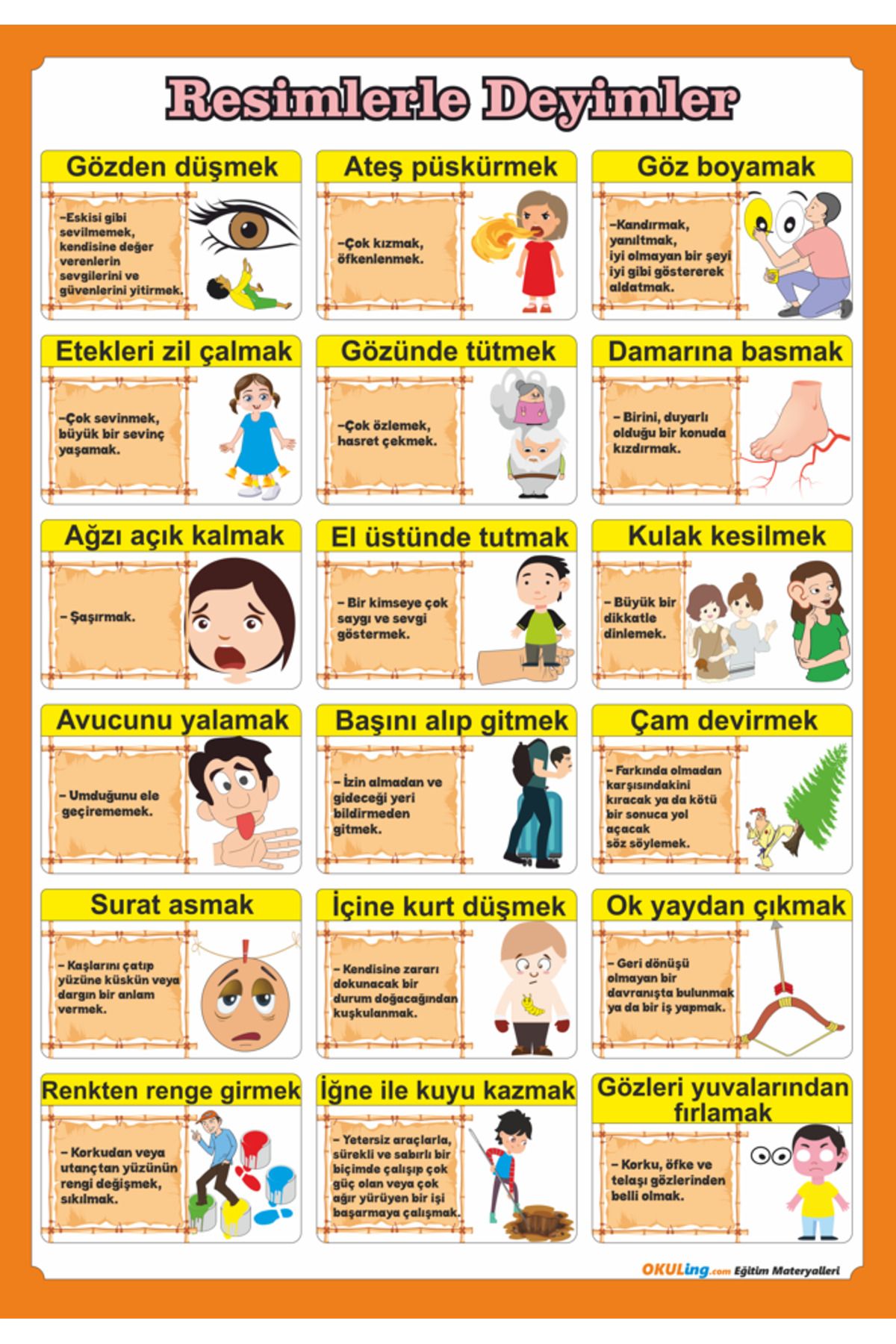 Okuling Türkçe Dersi Sınıf Posterleri-Anlamdaş-Karşıt-Sesteş Kelimeler-Deyimler-Atasözleri Afişleri
