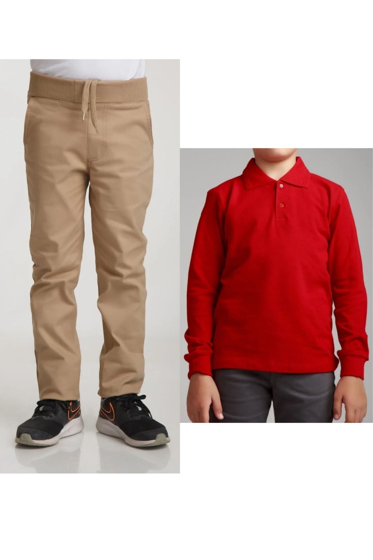 Nacar Unisex Çocuk Ribana Bel Keten Bej Okul Pantolonu + Polo Yaka Uzun Kol T-shirt