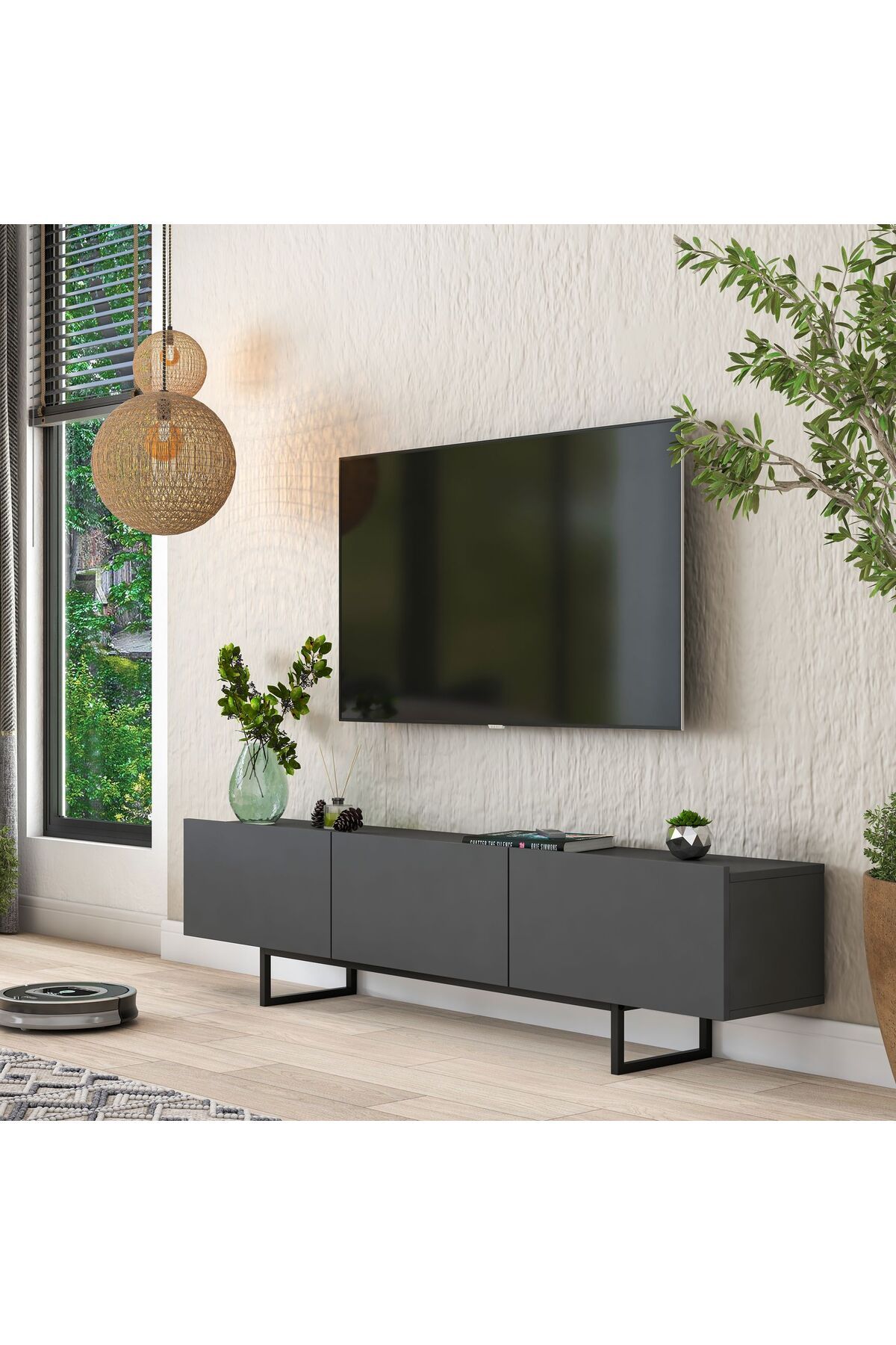 Rani Mobilya Rani AA136 Tv Ünitesi Düşer Kapaklı Metal Ayaklı Tv Sehpası 180 Cm Antrasit