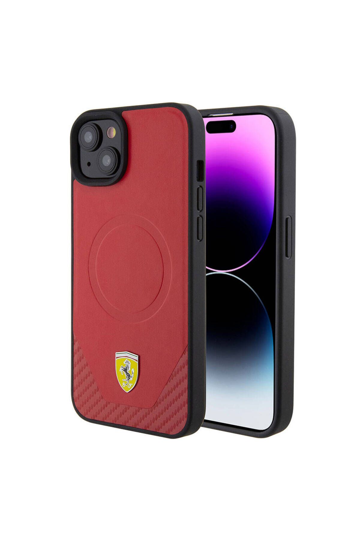 Ferrari iPhone 15 Uyumlu Kılıf Ferrari Lisanslı Magsafe Şarj Özellikli Metal Logolu PU Karbon Kapak Kırmızı