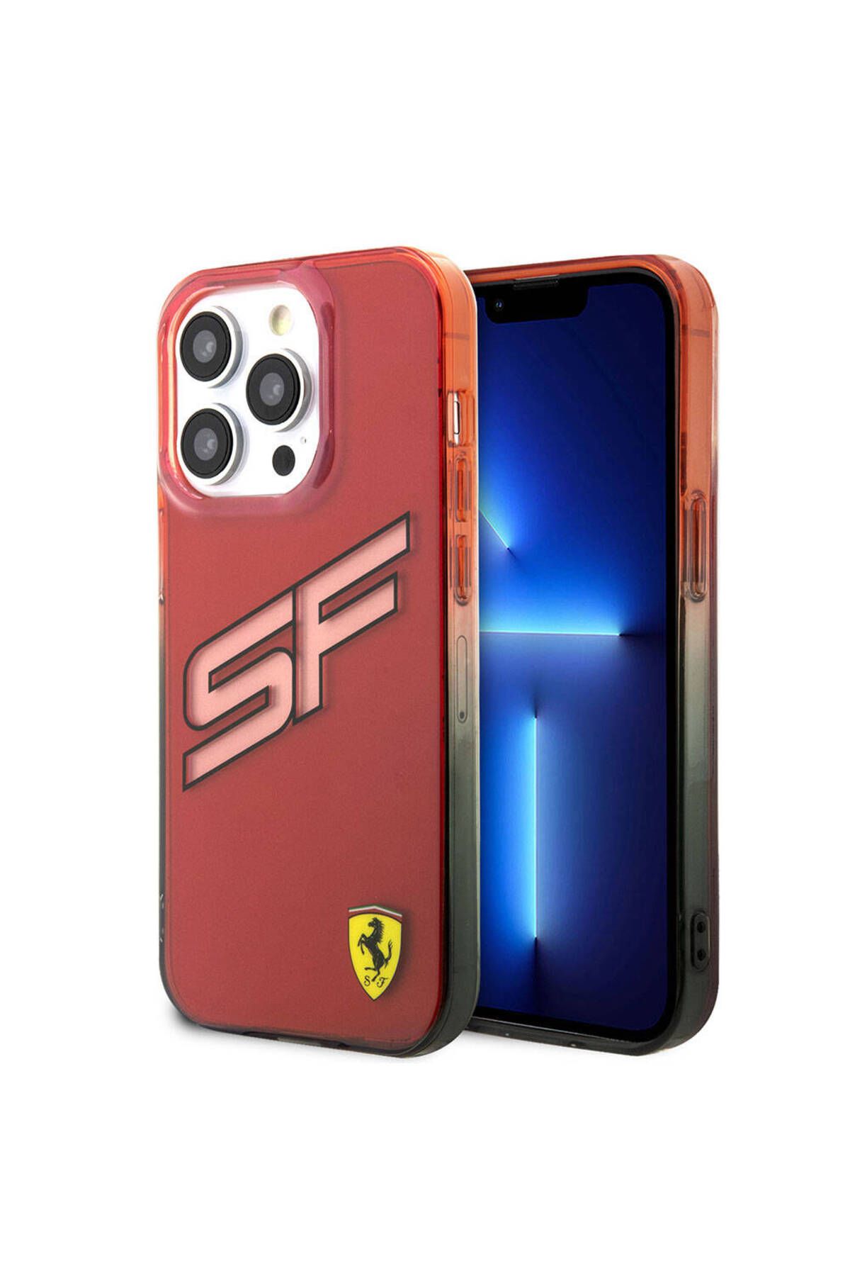Ferrari iPhone 15 Pro uyumlu Kılıf Ferrari Lisanslı Transparan SF Yazılı Kenarları Renk Geçişli Kırmızı