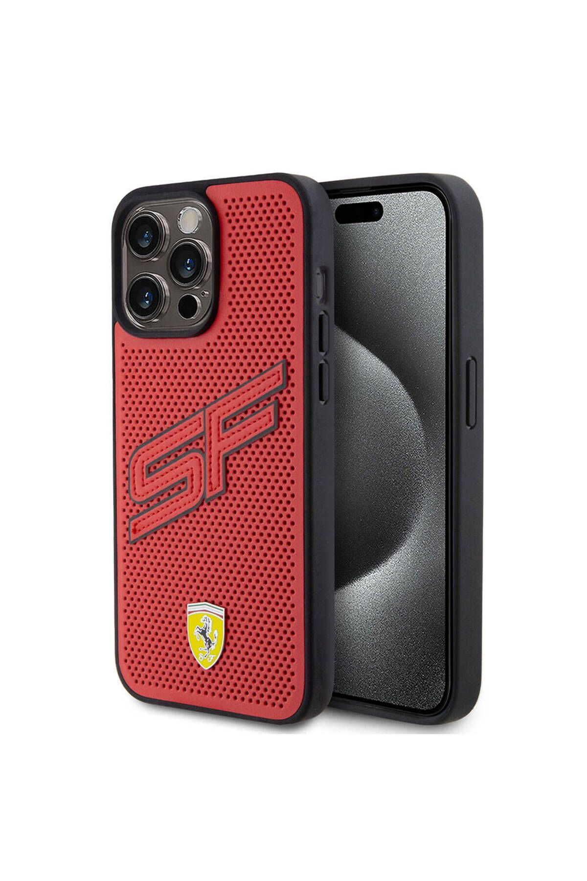 Ferrari iPhone 15 Pro Max Uyumlu Kılıf  Lisanslı PU Delikli Metal Logolu Büyük SF Yazılı Kırmızı