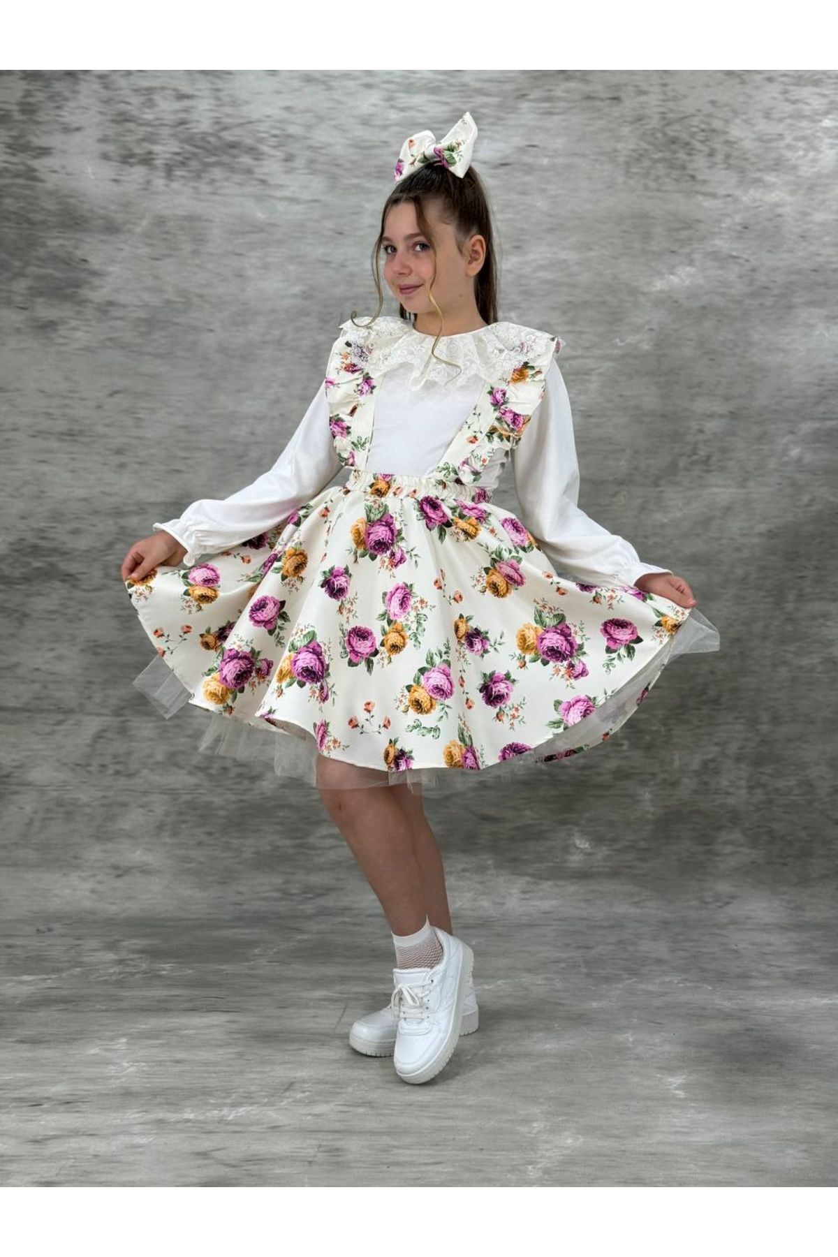 Pumpido Çiçekli Salopet Kız Çocuk Elbisesi