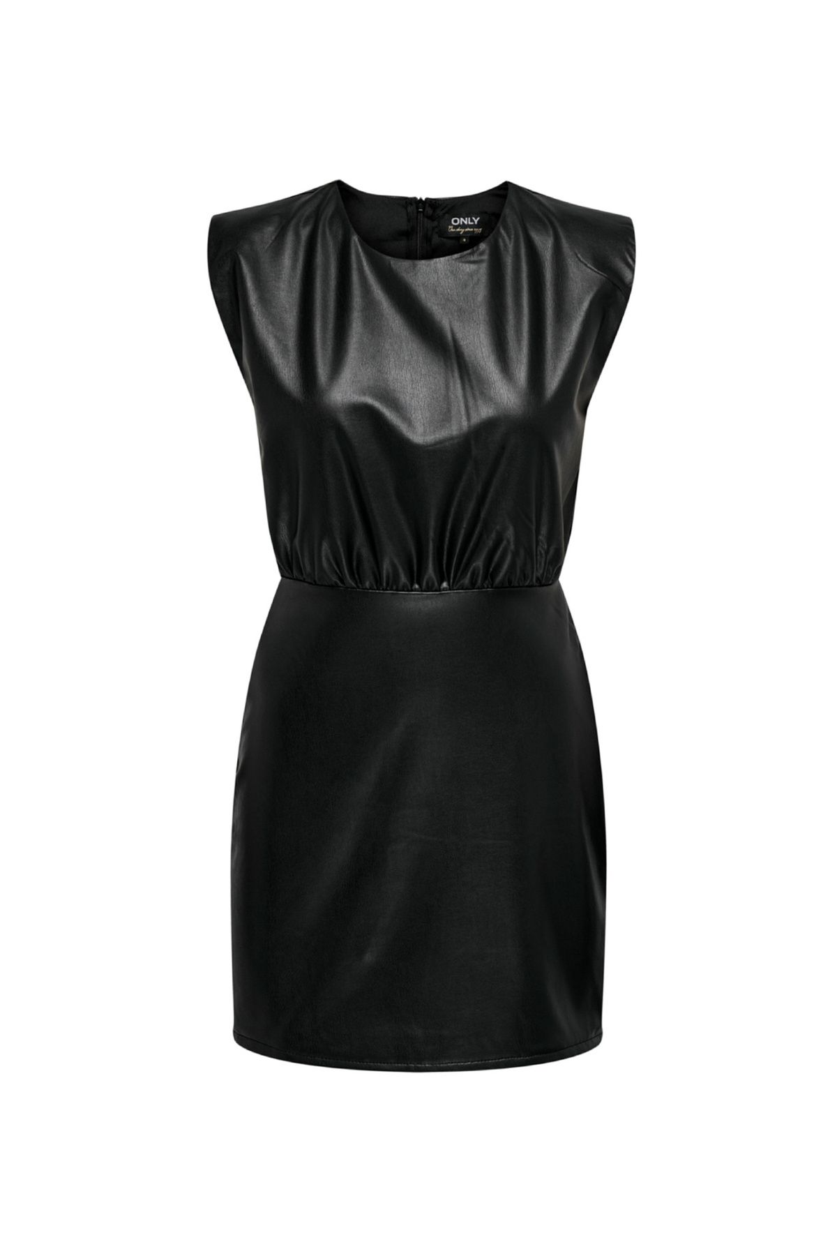 Only O Yaka Düz Siyah Mini Kadın Elbise ONLDORIT FAUX LEATHER DRESS OTW