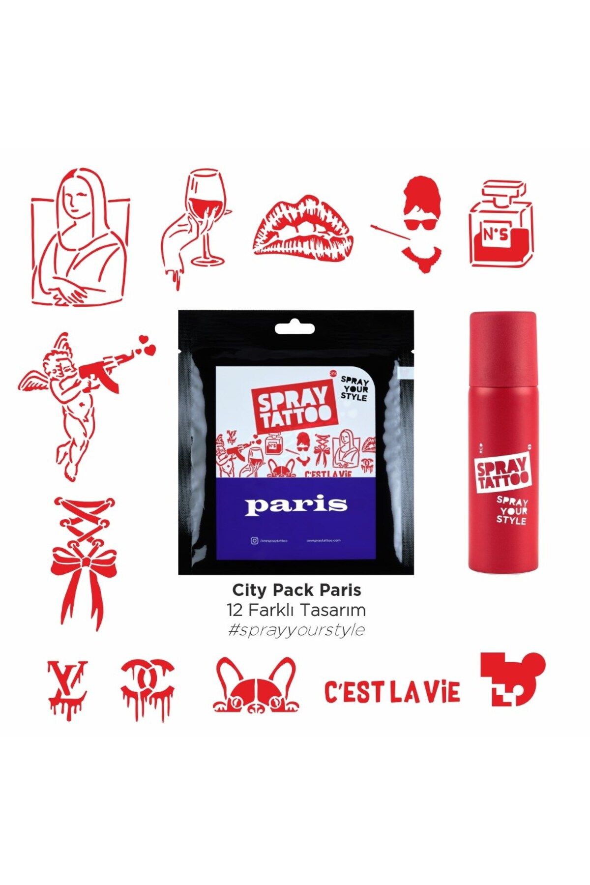 One Spray Tattoo Paris City Pack Geçici Dövme ve Kırmızı Sprey