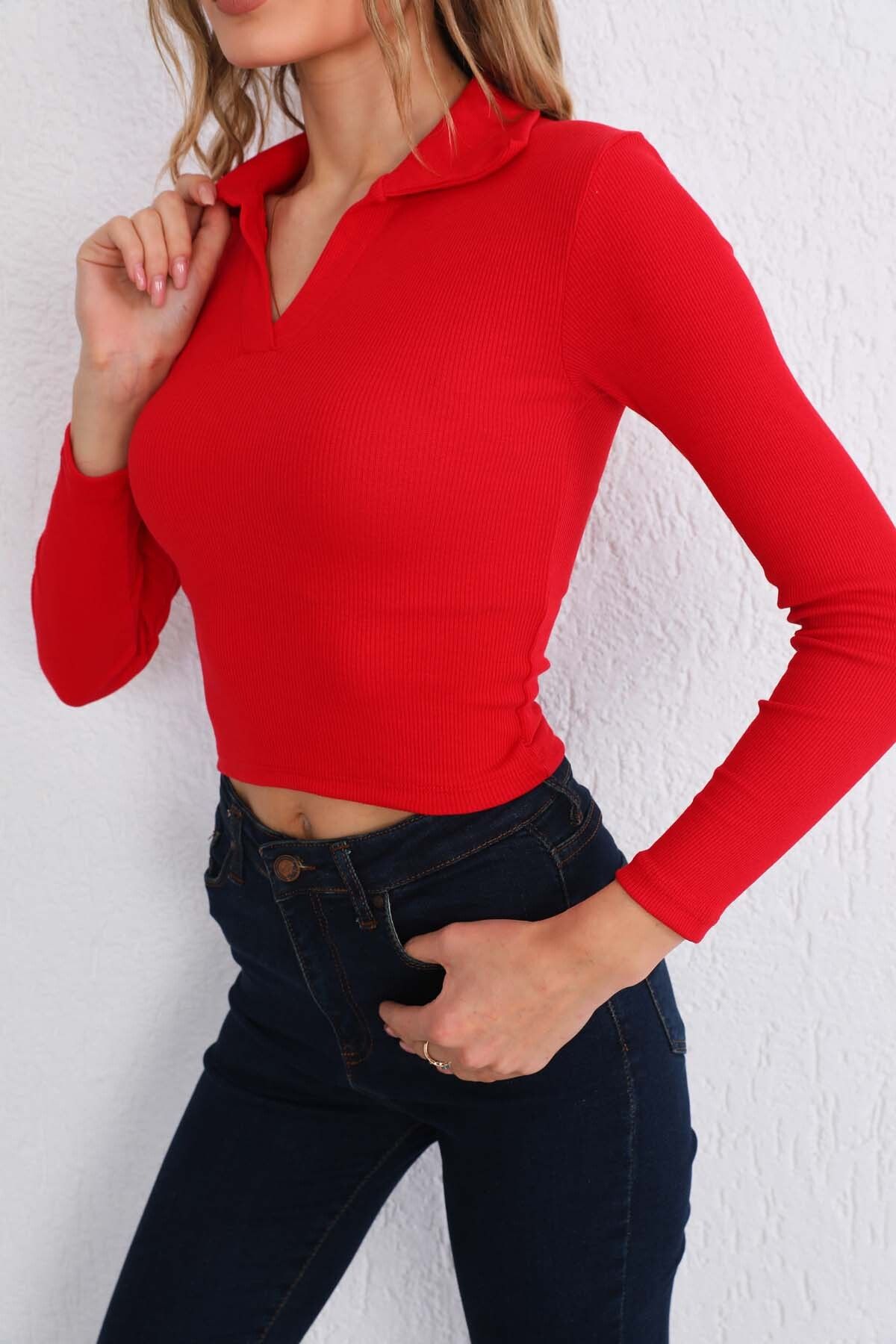 BİKELİFE Kadın Polo Yaka Kırmızı Likralı Kaşkorse Bluz