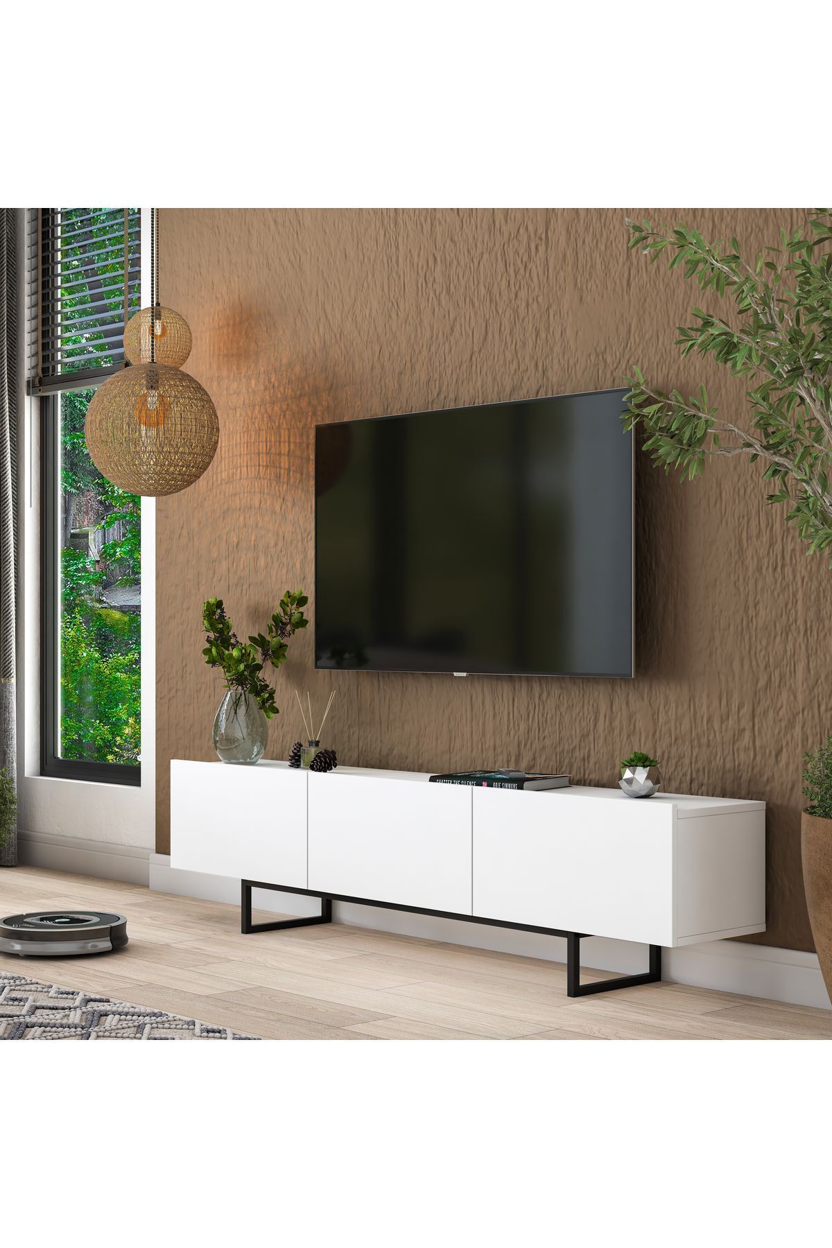 Rani Mobilya Rani AA136 Tv Ünitesi Düşer Kapaklı Metal Ayaklı Tv Sehpası 180 Cm Beyaz
