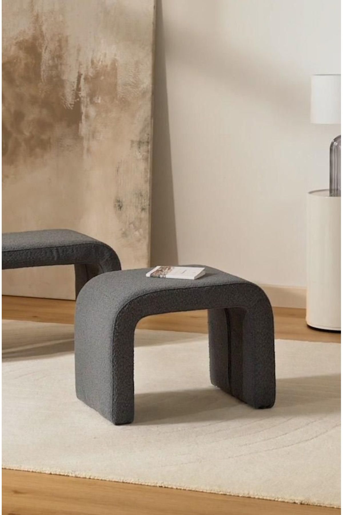 ERİZA Arch modern puf bench (Antrisit) Bukle kumaş, 55x45x45 cm
