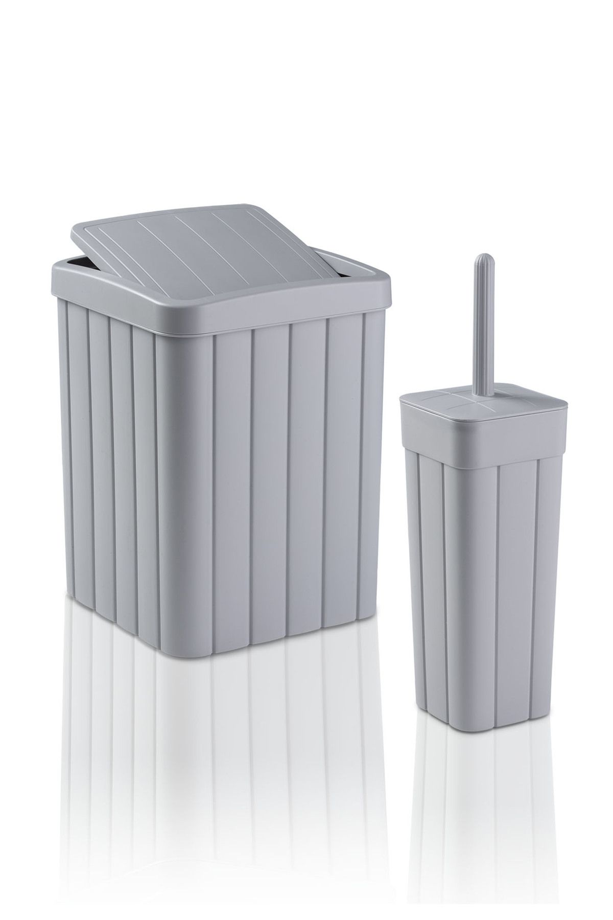 plastyol Fitil Desenli 2'li Banyo Seti - 10l Çöp Kovası Ve Wc Fırçalık - Gri