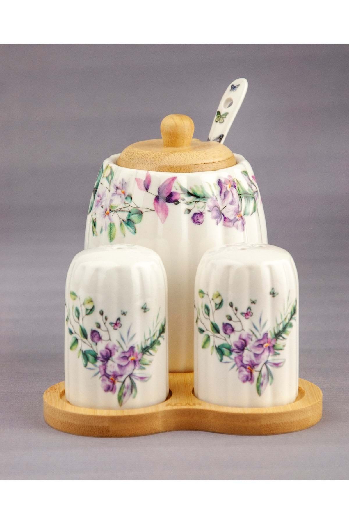 Bursa Porselen Dekor Orkide ahşap standlı porselen tuzluk & karabiberlik & baharatlık