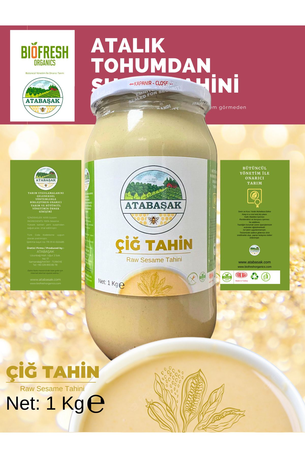 ÇİFTÇİDEN ORGANİK MARKET Biofresh Organics Atalık Özberk Çiğ Susam Tahini 1 Kg Taze, Glütensiz, Koruyucusuz, Tam Ve Kepekli