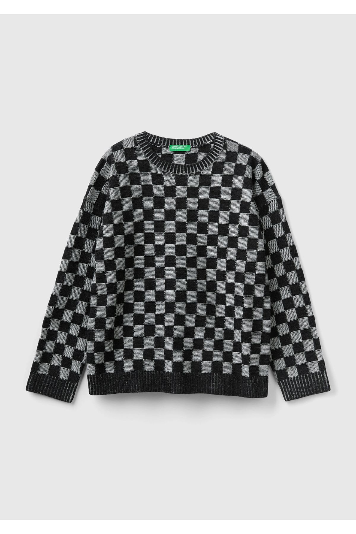 United Colors of Benetton Erkek Çocuk Siyah Mikro Dama Desenli Sweatshirt