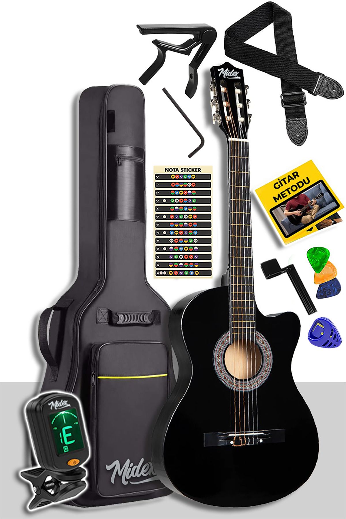 Midex Cg390bk-xbag Siyah Klasik Gitar 4/4 Sap Ayarlı Kesik Kasa Full Set