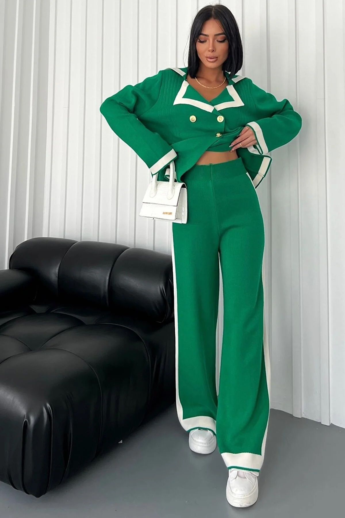 WOMAN VISION Düğme Detaylı Yüksek Bel Pantolon Triko Kumaş Hırka Yeşil İkili Takım 2501