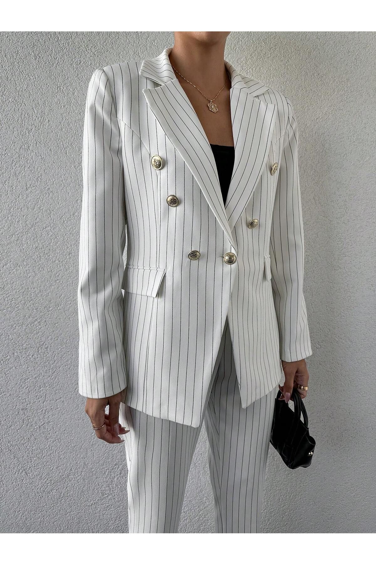 Rmz Style Düğmeli Sahte Cepli Blazer Ceket Kemerli Cepli Esnek Pantolon Asimetrik Kesim Takım Elbise