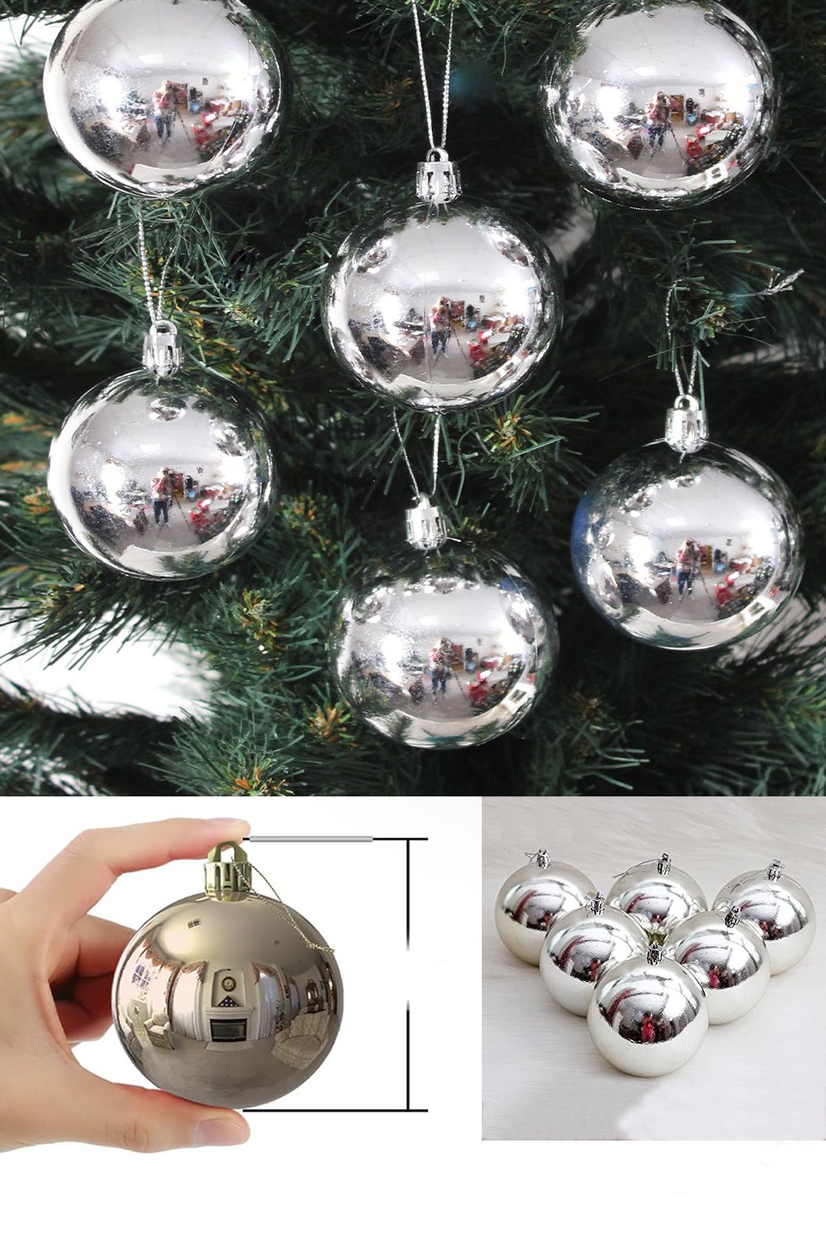 Parti Dolabı 6'lı 8 Cm Yılbaşı Gümüş Çam Ağaçı Süsü Silver Parlak Büyük Boy Cici Top Süs Yeni Yıl Cam Ağaçı Topu