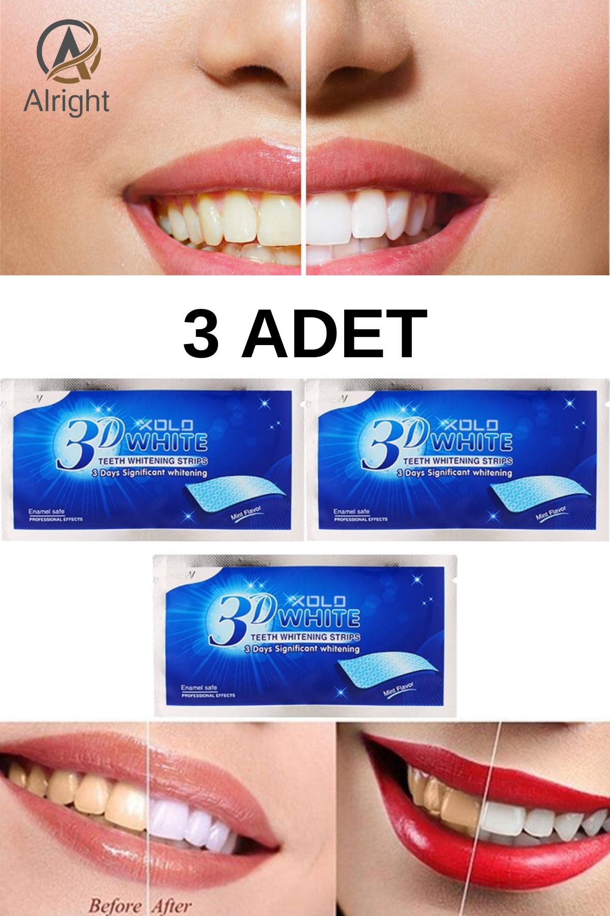 Alright 3D White 3 Adet Diş Beyazlatma Bandı Anında Beyazlama (Teeth Whitening Strip)