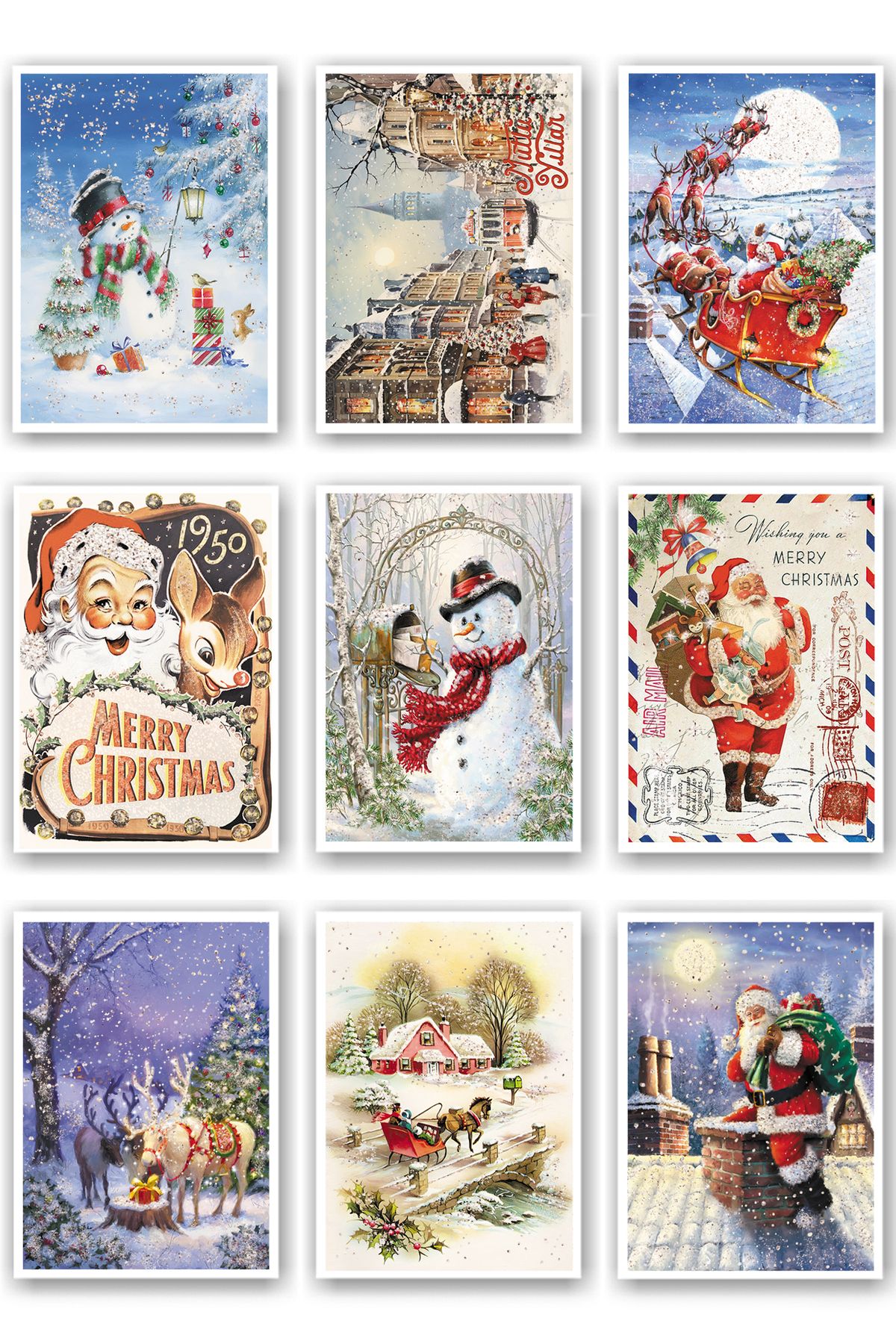 Mia Pera 9lu Simli Yılbaşı Kartpostal Seti Yeniyıl Postcard Christmas Noel Kardan Adam Noel Baba Nostalji