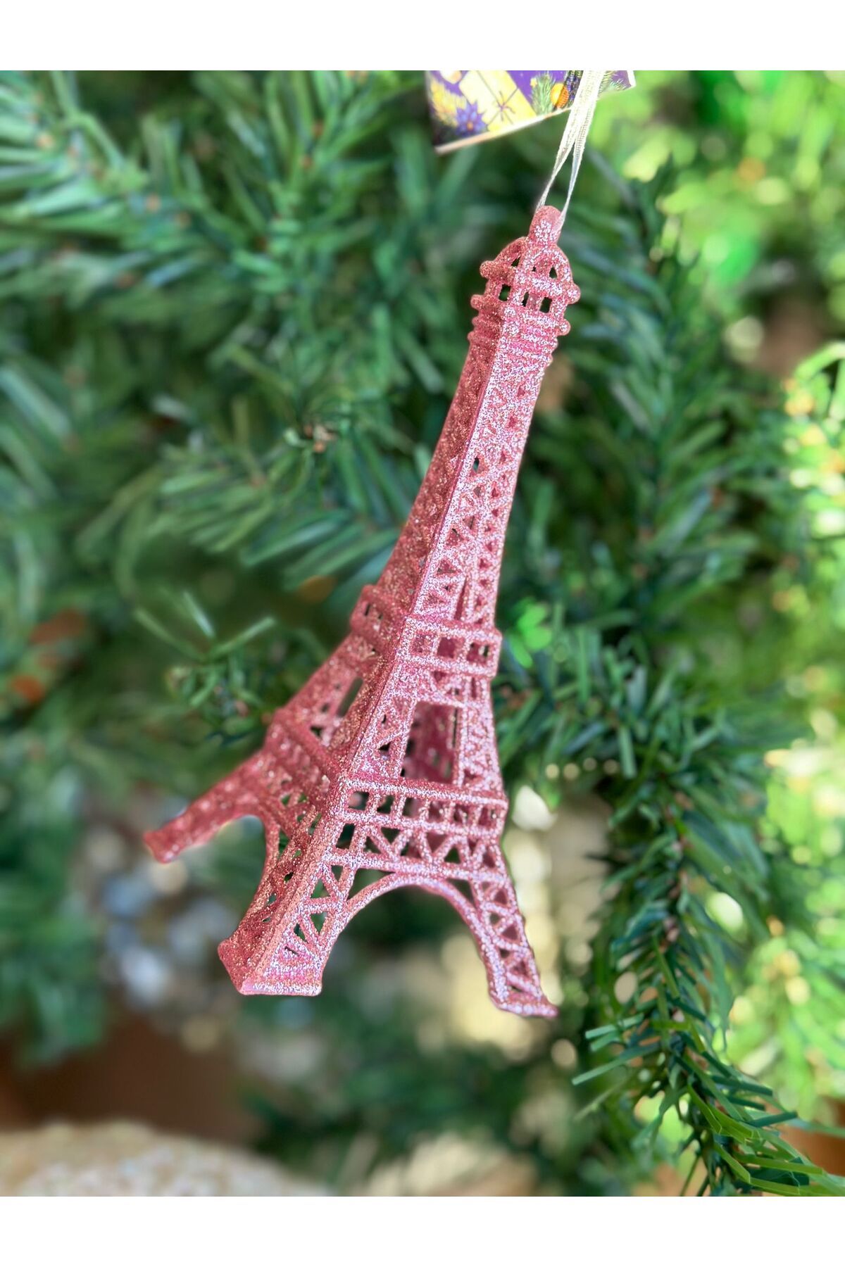 QUEEN AKSESUAR İthal lüks yılbaşı simli koleksiyonluk büyük Paris eiffel eyfel kule çam ağacı dekorasyon süsü pembe