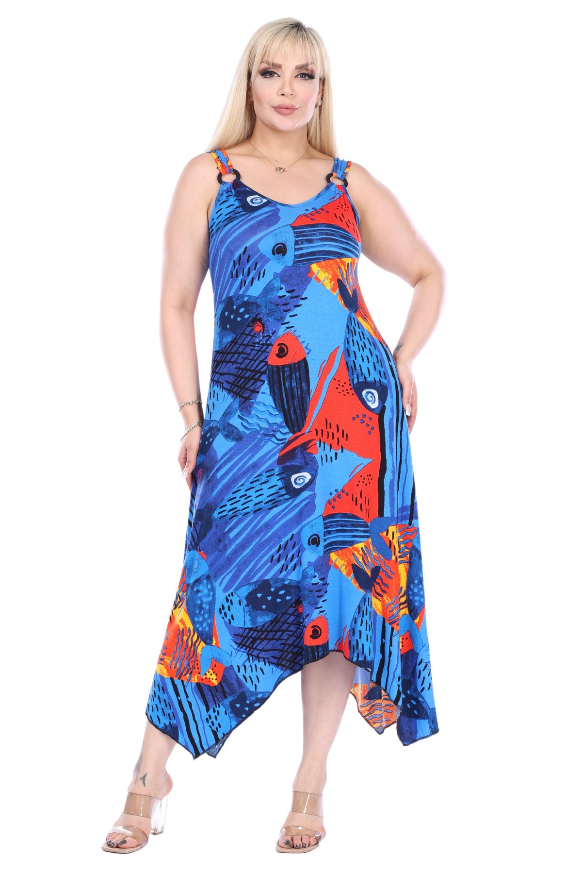 MELSAY Kadın Askılı Sax Balık Desenli Toka Detaylı Elbise