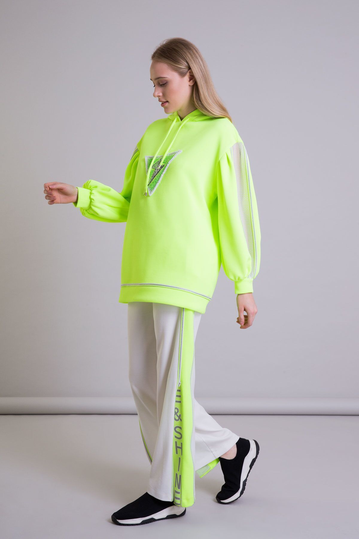 GIZIA Kapüşonlu Oversize Neon Sarı Scuba Sweatshirt