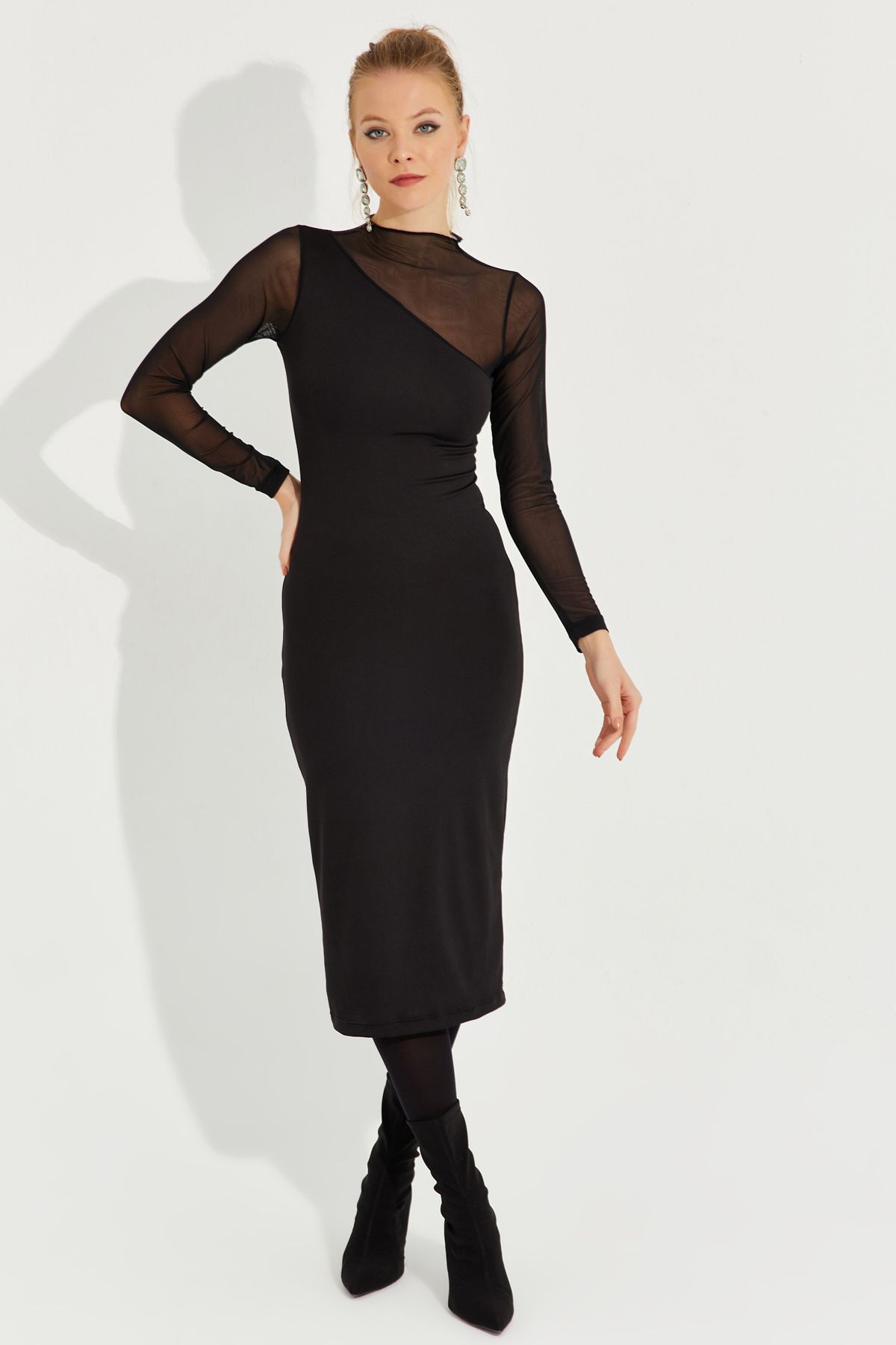 Cool & Sexy Kadın Siyah Tül Detaylı Asimetrik Midi Elbise EY2601
