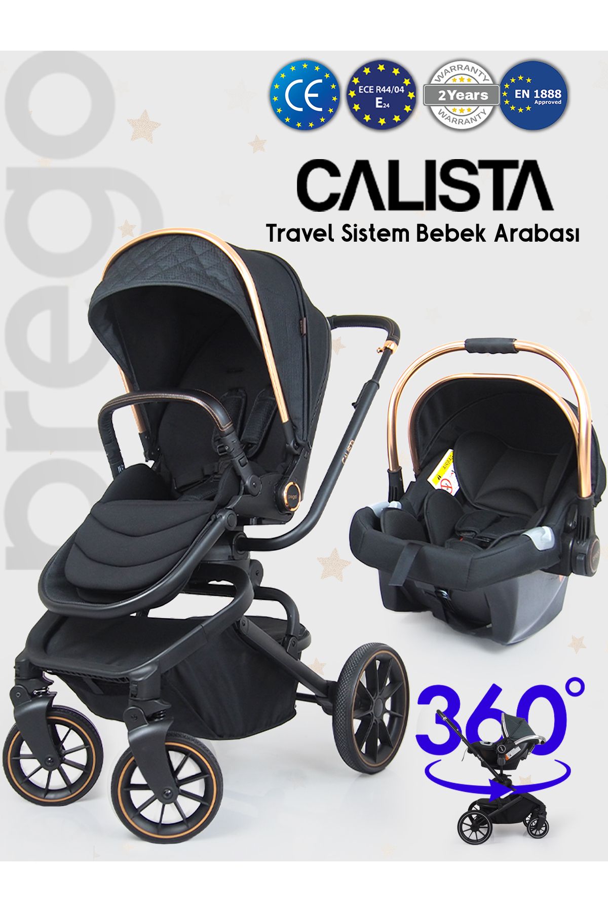 Prego Calista 360 Derece Dönebilen Travel Çift Yönlü Bebek Arabası Puset Hediyeli