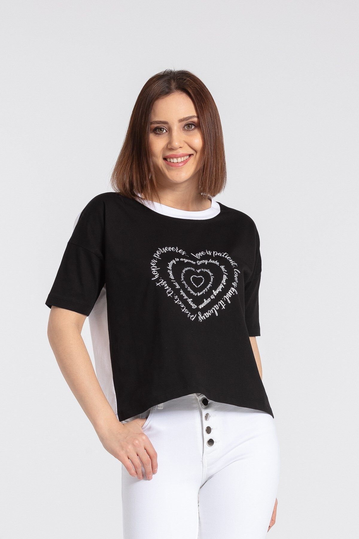 Jument Kadın Yazı Kalp Baskılı Rahat Kesim Pamuklu Tshirt-siyah