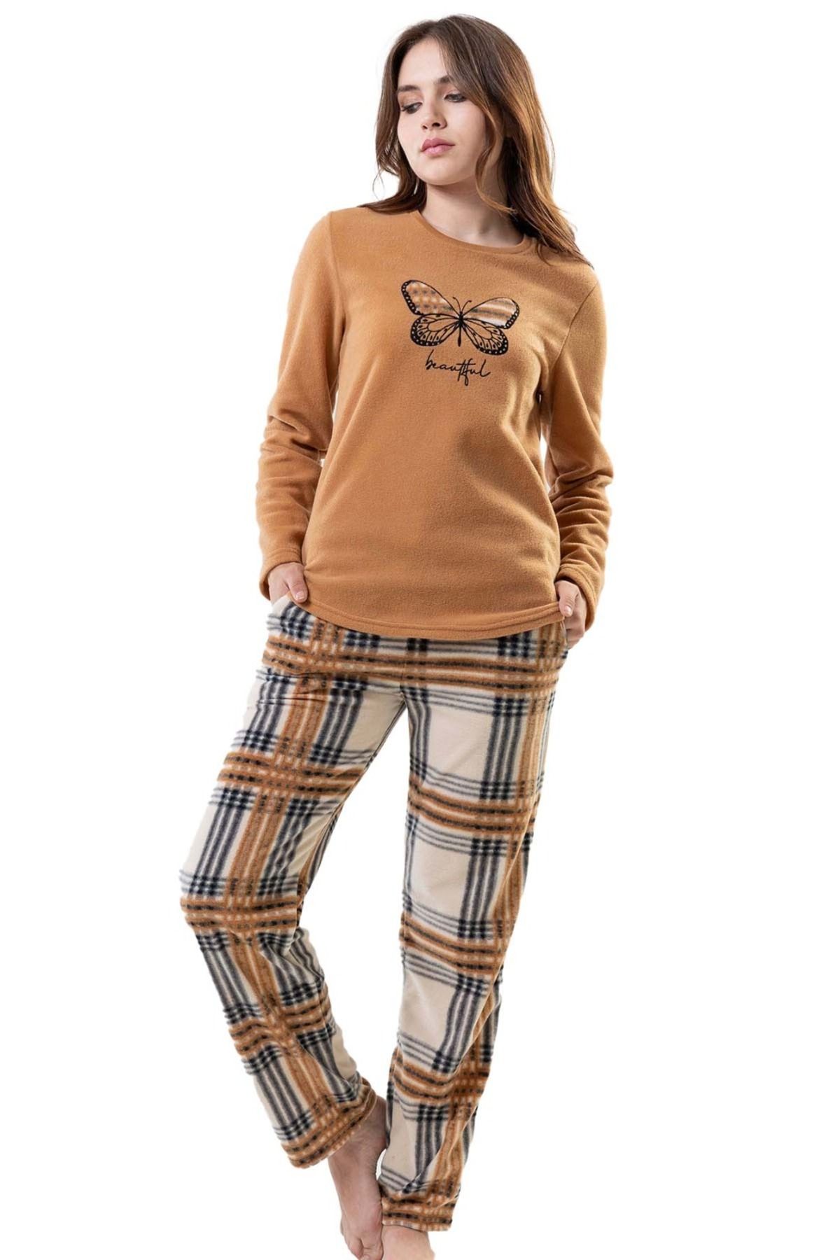 Vienetta Kadın Polar Sütlü Kahverengi Kelebek Desenli Uzun Kollu Pijama Takımı