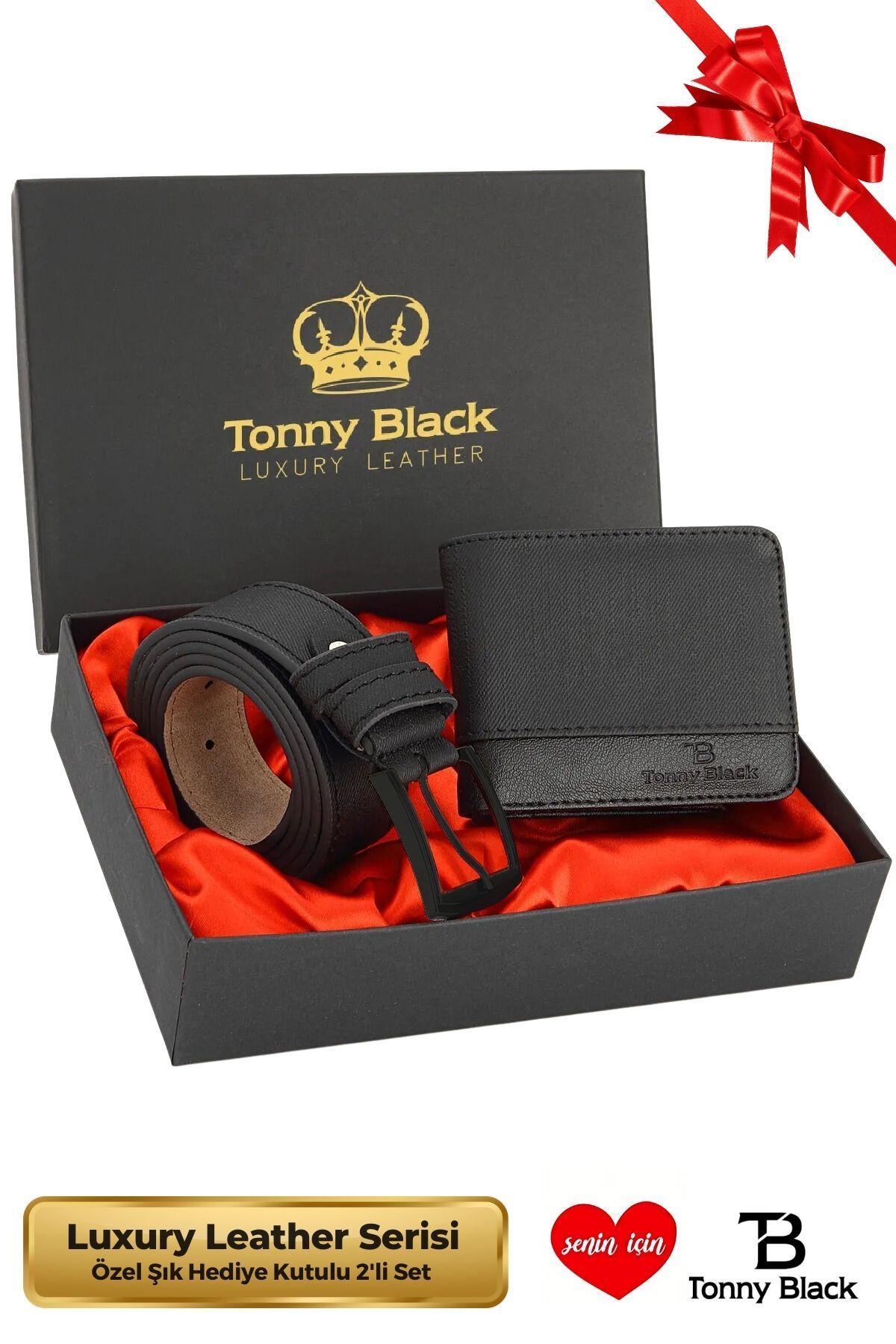 Tonny Black Orijinal Erkek Özel Hediye Kutulu 2'li Set Luxury Serisi Damat Hediyelik Şık Deri Kemer Cüzdan Seti