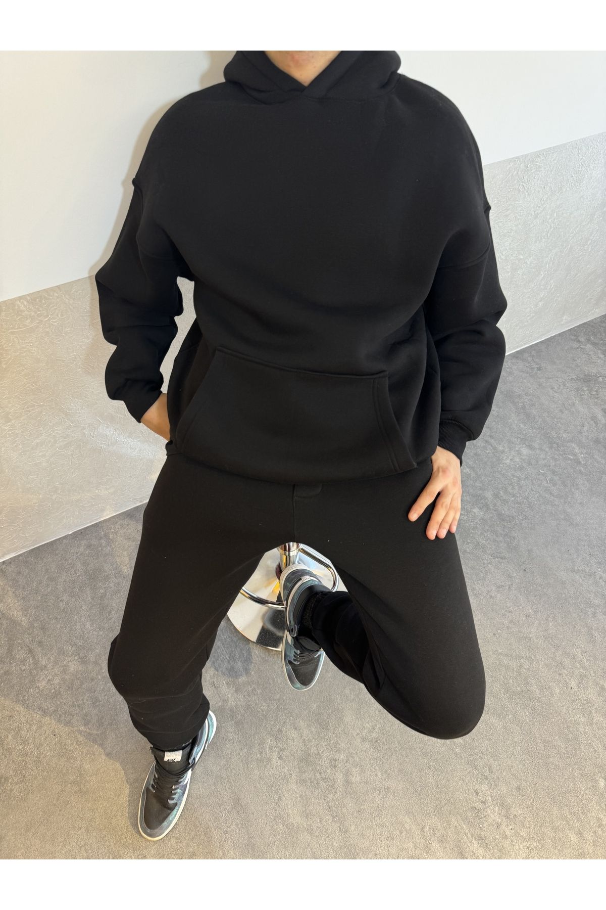 ROLLIE Üç iplik Şardonlu Siyah Oversize Sweatshirt
