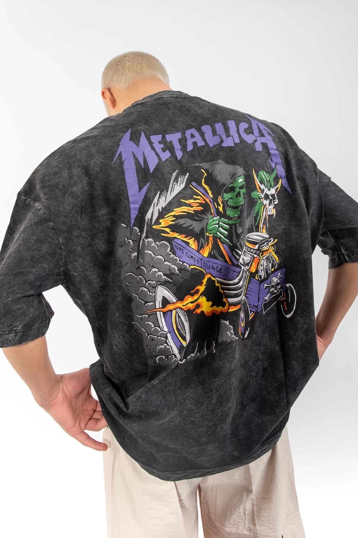 Sokak Butik Yıkamalı Metallica Mor Sırt Baskılı Unisex Oversize Tshirt