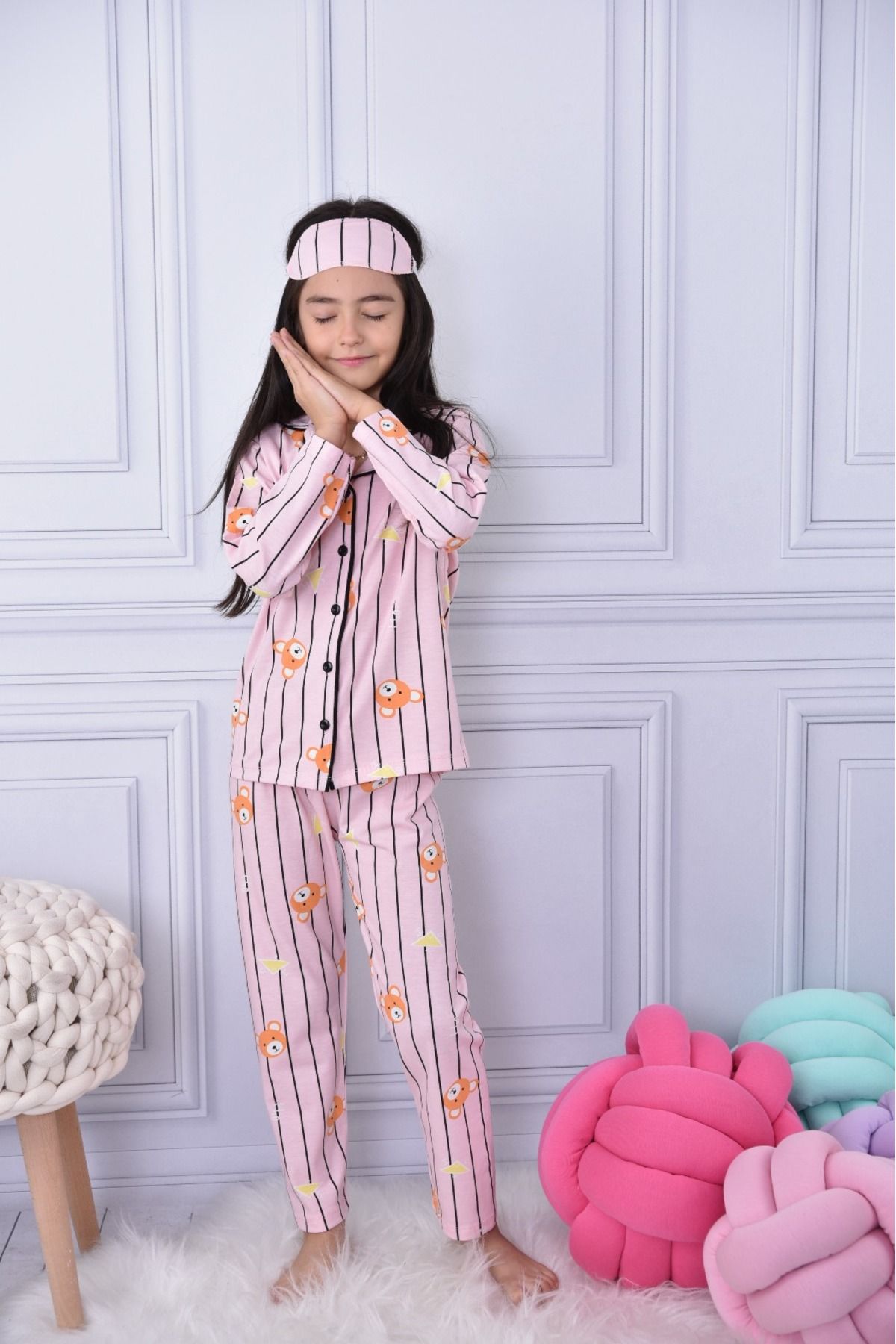 Lolliboomkids Yeni Sezon Kız Çocuk Çizgili Sevimli Teddy Bear Çizgili Düğmeli Pijama Takımı Göz Bandı Dahil