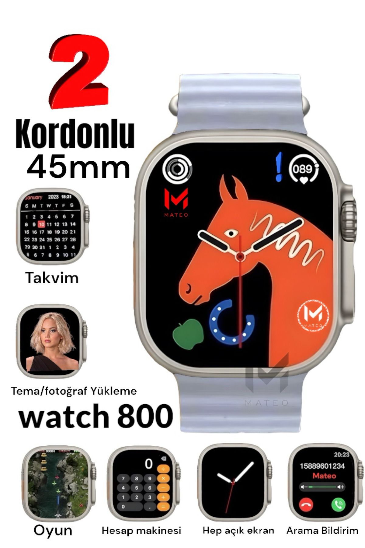 MATEO Akıllı Saat Watch 8 Ultra 45mm 1.99 Inç Türkçe Tüm Telefonlara Uyumlu Bluetooth Arama Gri Smartwatch