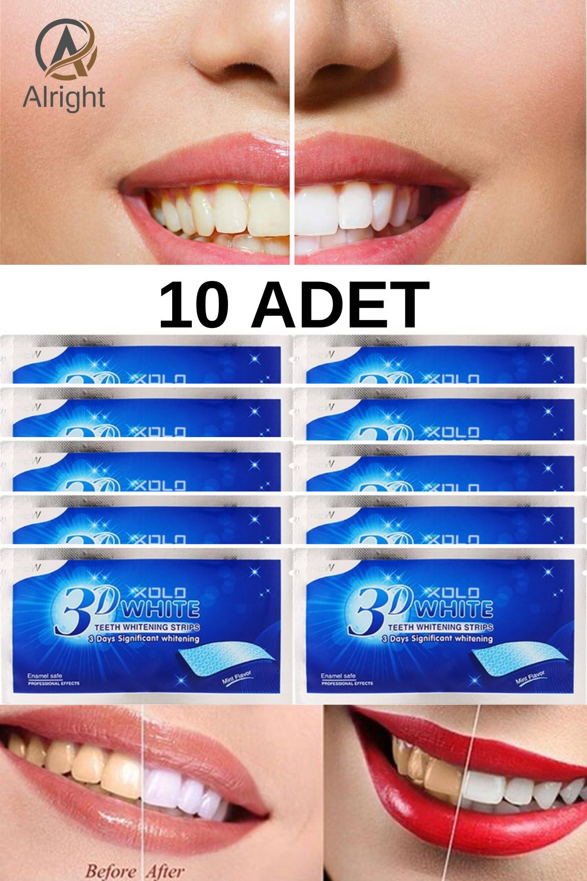 Alright 3D White 10 Adet Diş Beyazlatma Bandı Anında Beyazlama (Teeth Whitening Strip)