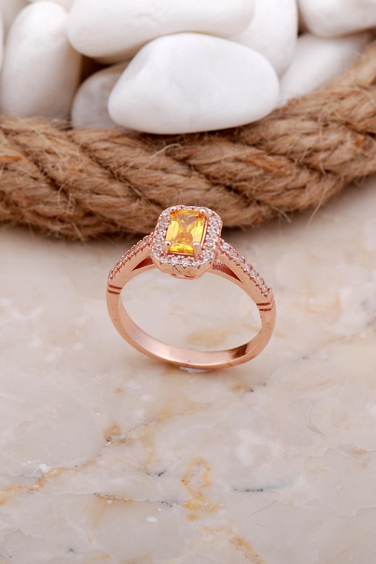 Sümer Telkari Topaz Taşlı Baget Rose Gümüş Yüzük 3539