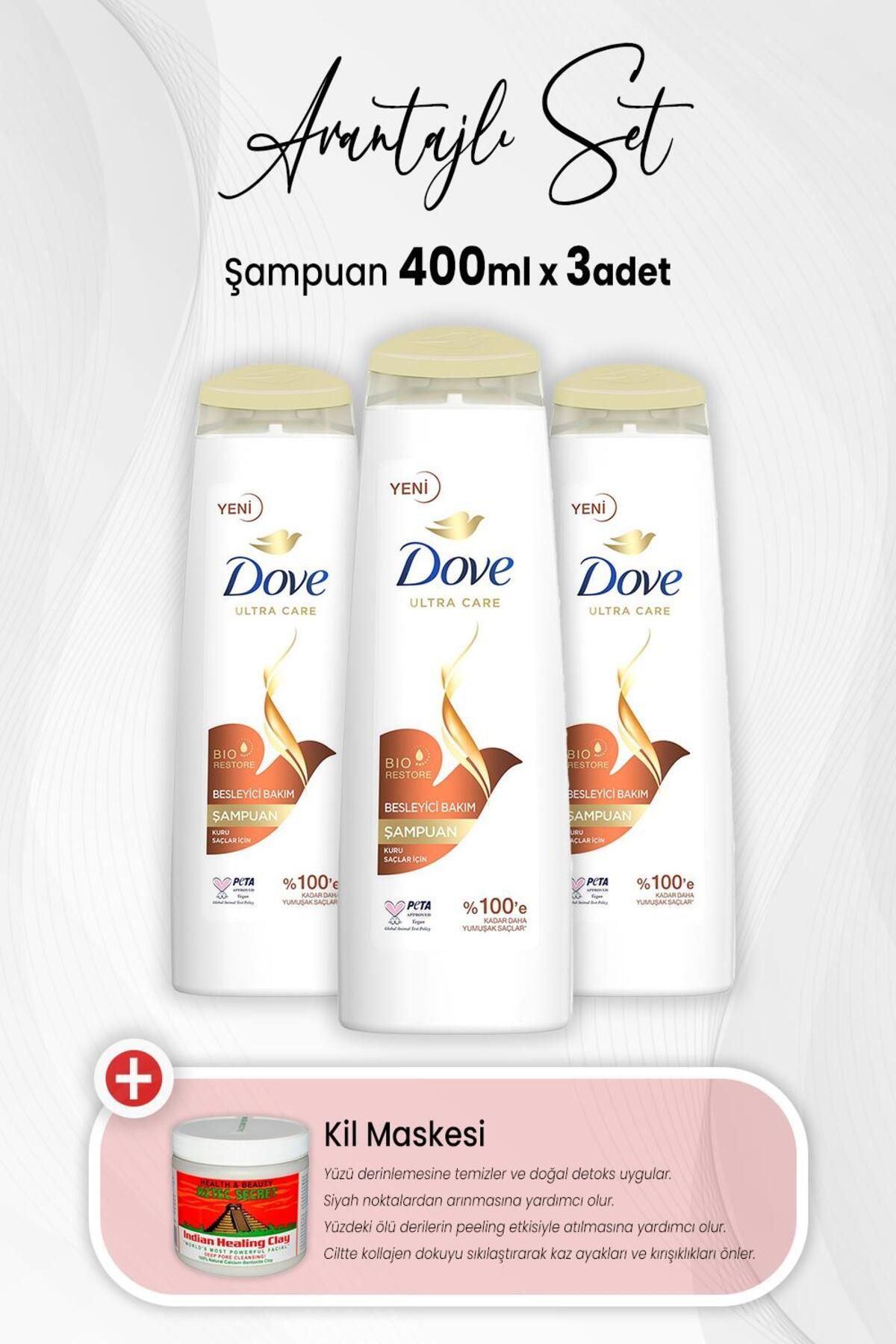 Dove Ultra Care Şampuan Besleyici Bakım 400 ml x 3 Adet ve Kil Maskesi