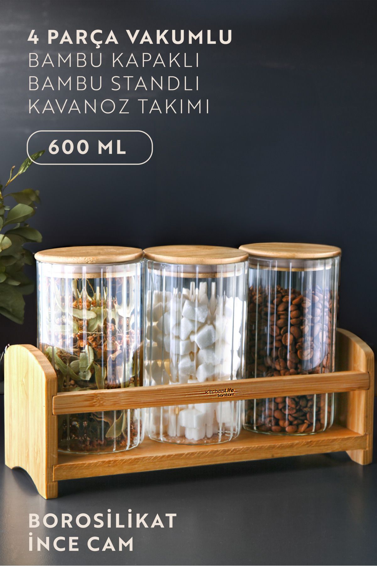 Kitchen Life 4 Parça Tezgah Üstü Bambu Kapaklı Standlı Çizgili Kavanoz Seti - 600 ML - Çay Şeker Kahve Kavanozu