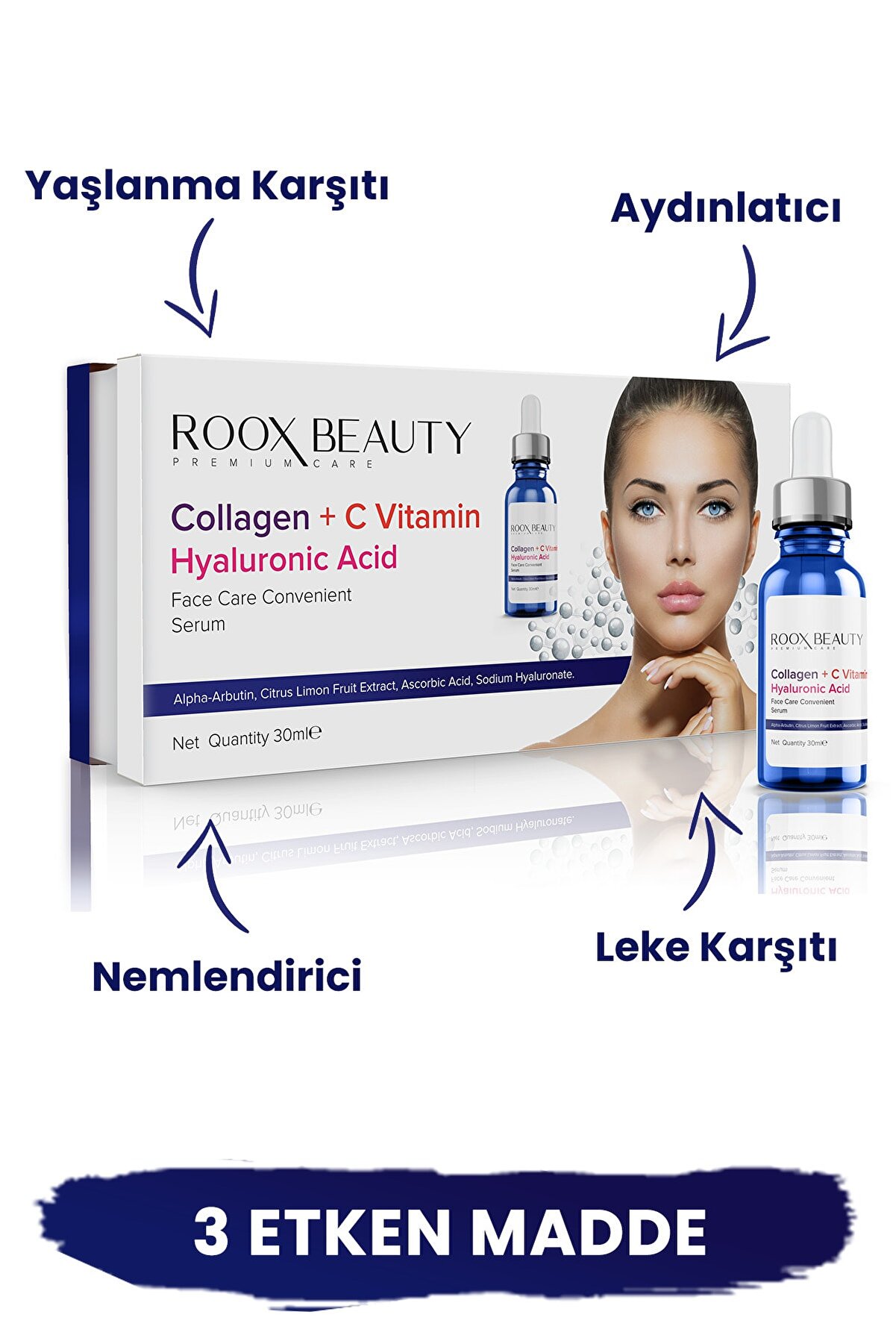Roox Beauty Kolajen - C Vitamini - Hyaluronik Asit Aydınlatıcı Ve Kırışıklık Karşıtı Yüz Serumu 30 ml