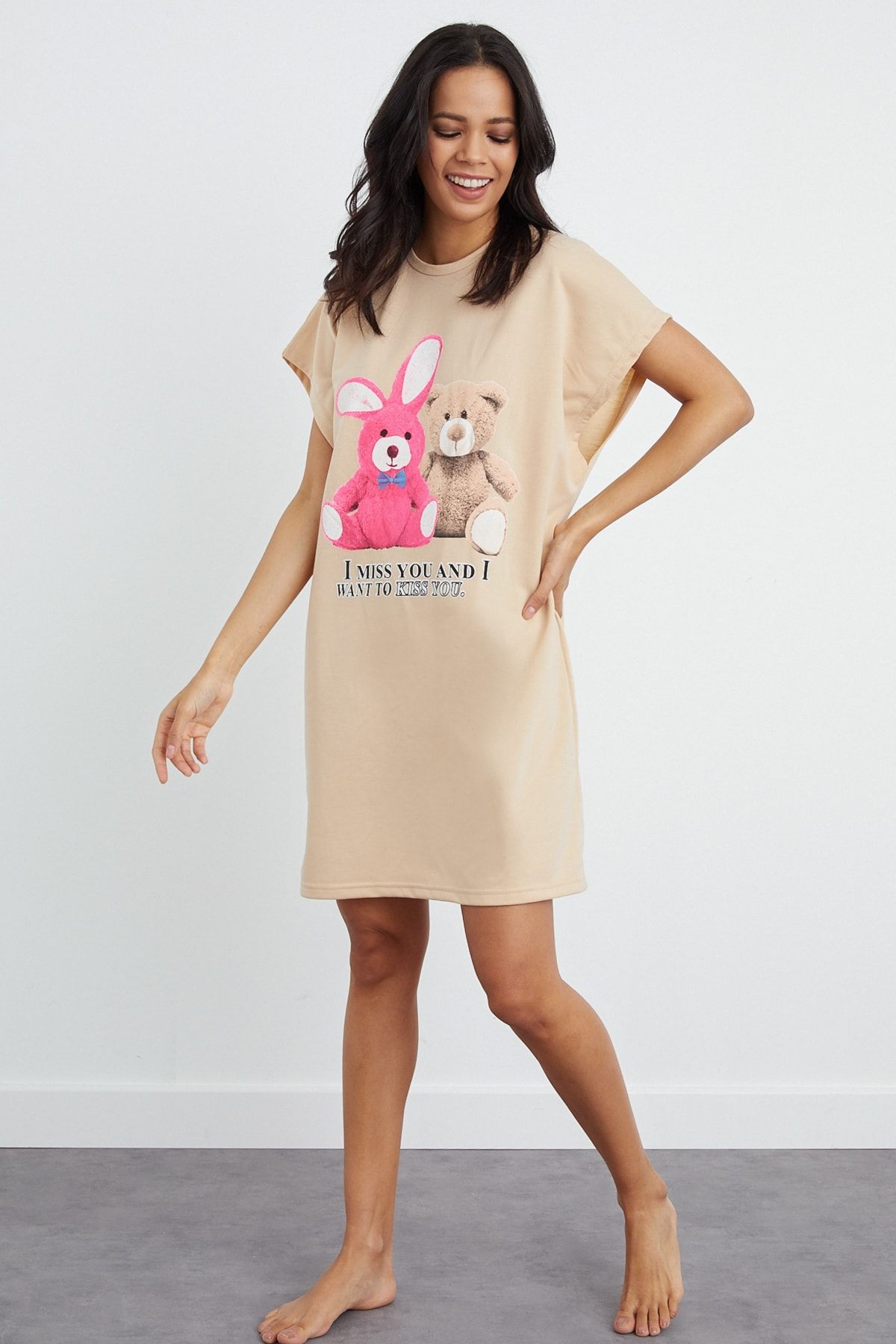 Cool & Sexy Kadın Camel Baskılı T-Shirt Elbise PP3207