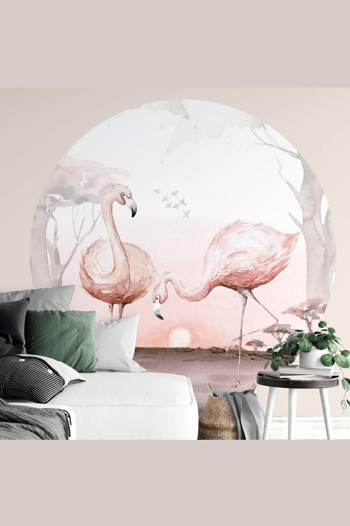 MSticker Yuvarlak Tropikal Flamingo Duvar Sticker (95x95 Cm)
