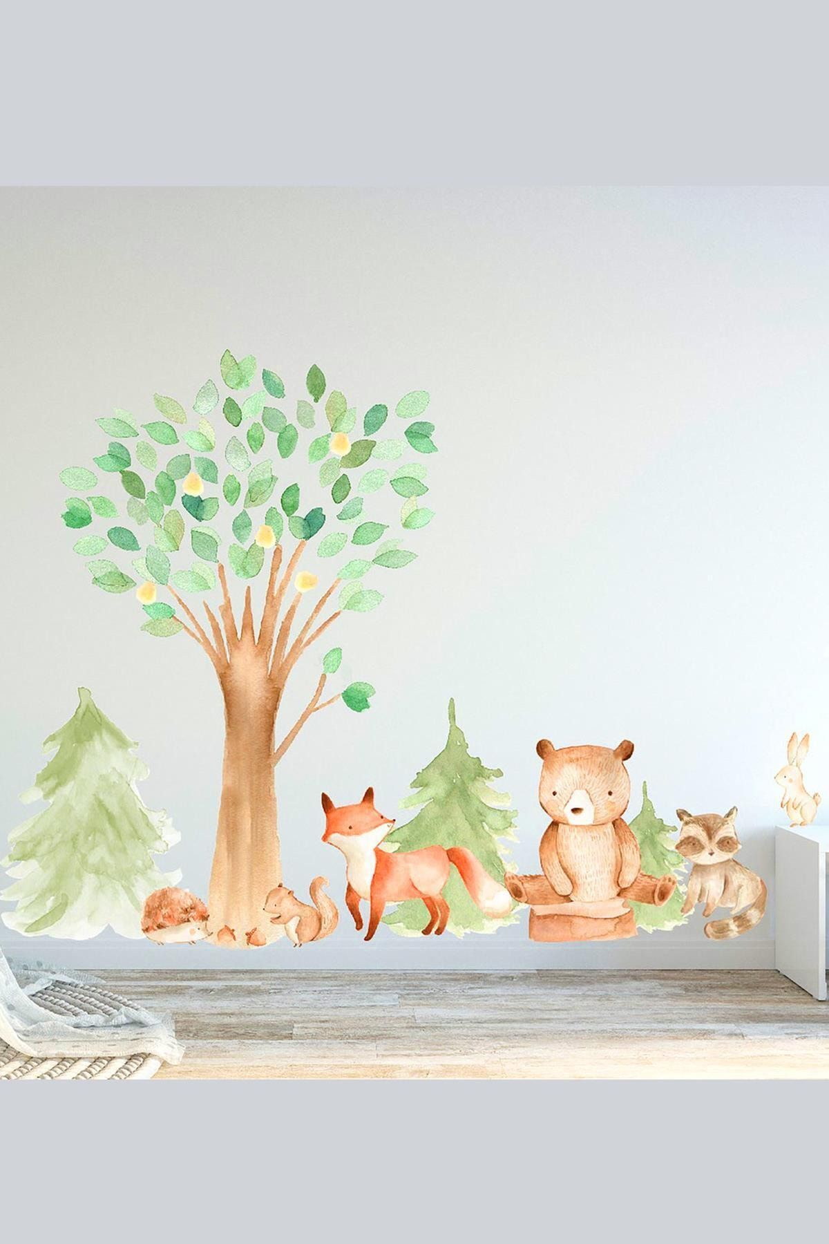 MSticker Ormanda Sevimli Hayvanlar Ve Ağaçlar Çocuk Bebek Odası Duvar Sticker Seti